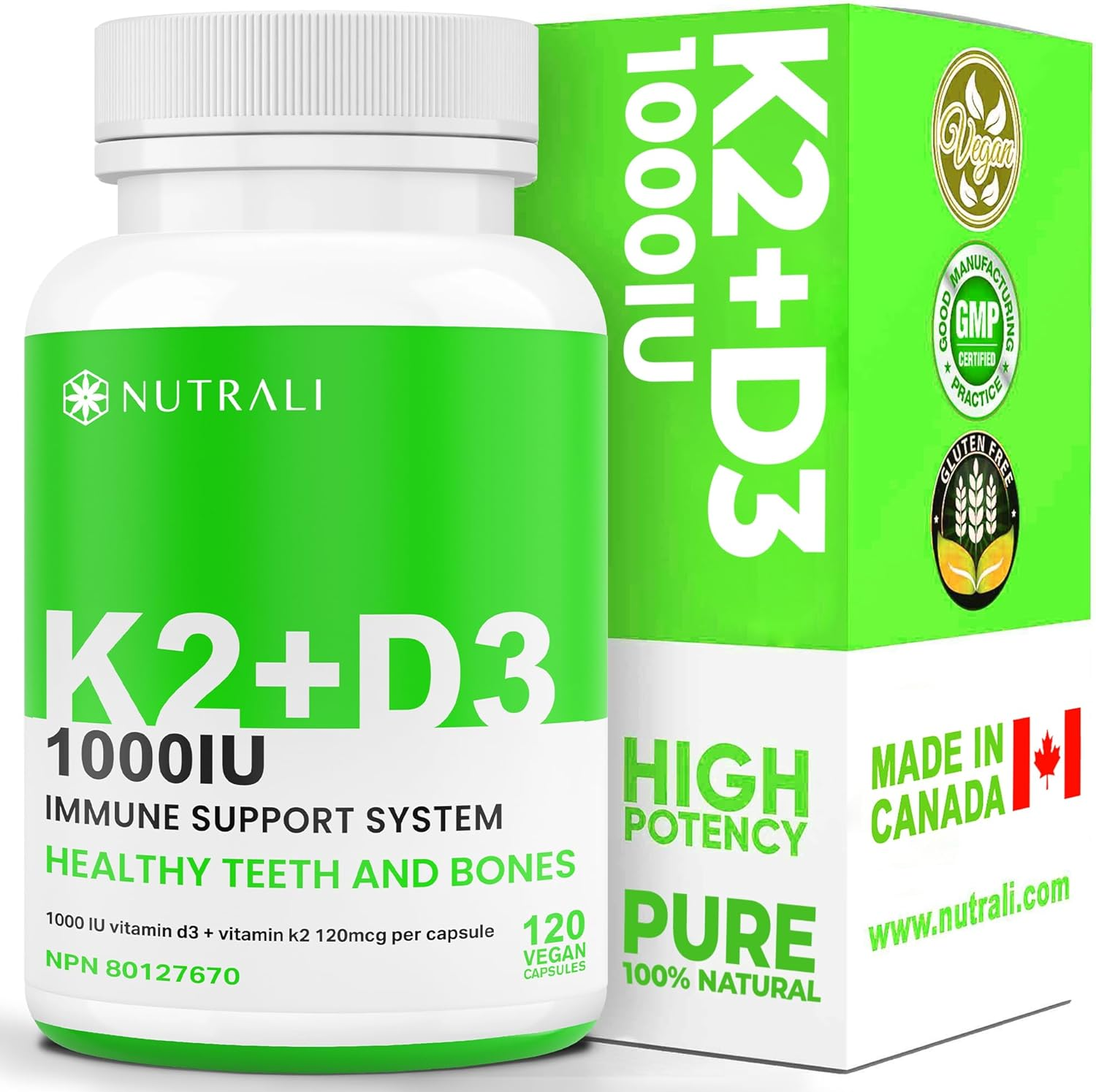 New MAXIMUM STRENGTH Vitamin D3 + K2 Supplement &ndash; 1000IU / 120Mcg, Healthy Teeth and Bones, Immunity Support, MK-7 Form, Calcium Metabolism, Gluten Free. 120 Vegan Capsules. image number 4