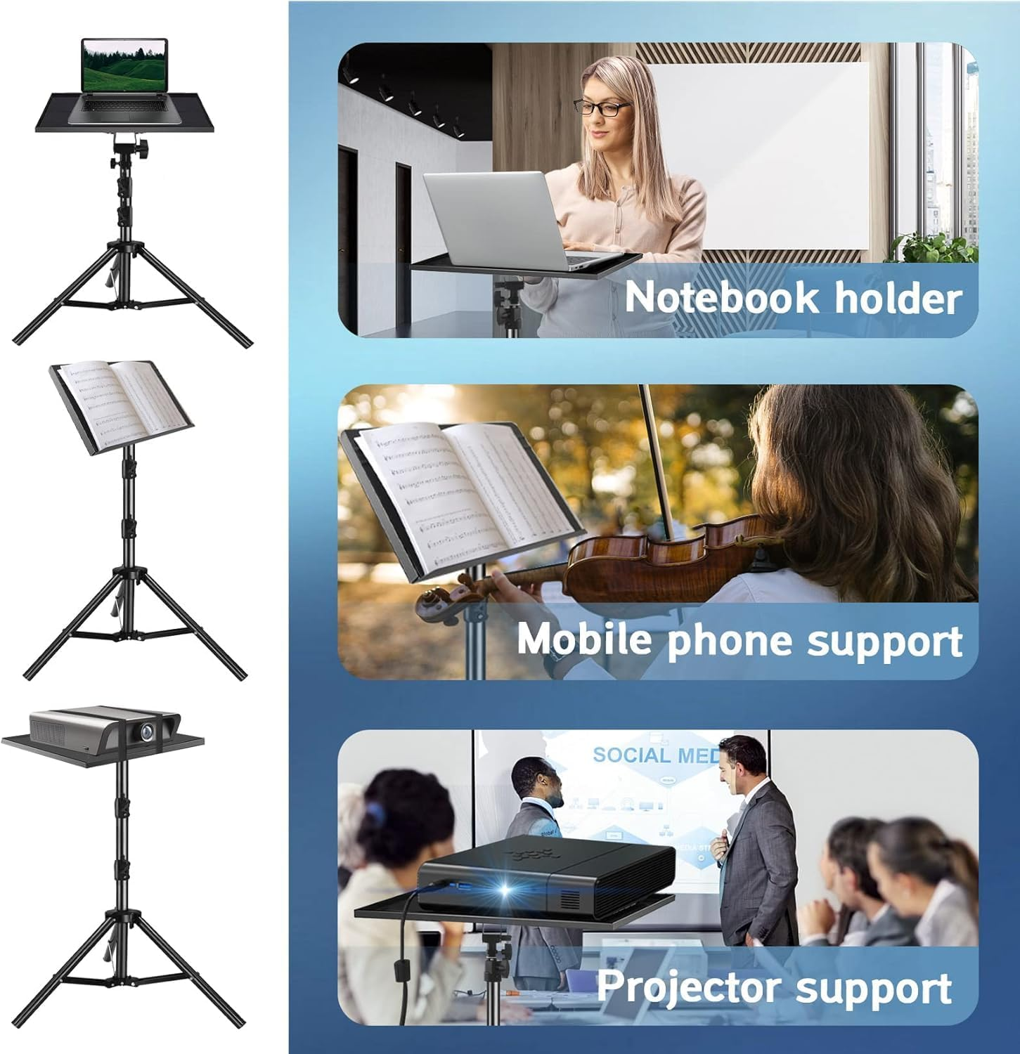 Projector Stand Tripod Adjustable, Portable Laptop Tripod, Adjustable Height up to 47.2 Inch with Gooseneck Phone Holder, Suitable for Office, Home, Stage. image number 3