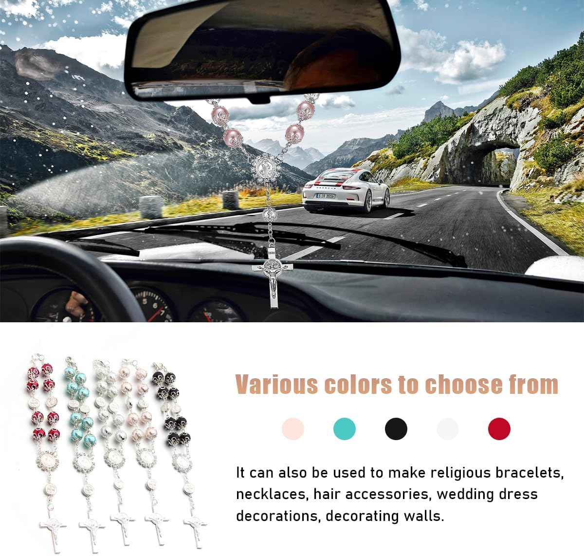 Car Rosary for Rearview Mirror, Personalized Rear View Cross Blessing Beads Decor, Auto Rearview Catholic Rosary Hanging Pendant, Interior Men Women Car Accessories (Pink) - Blue+Pink image number 2