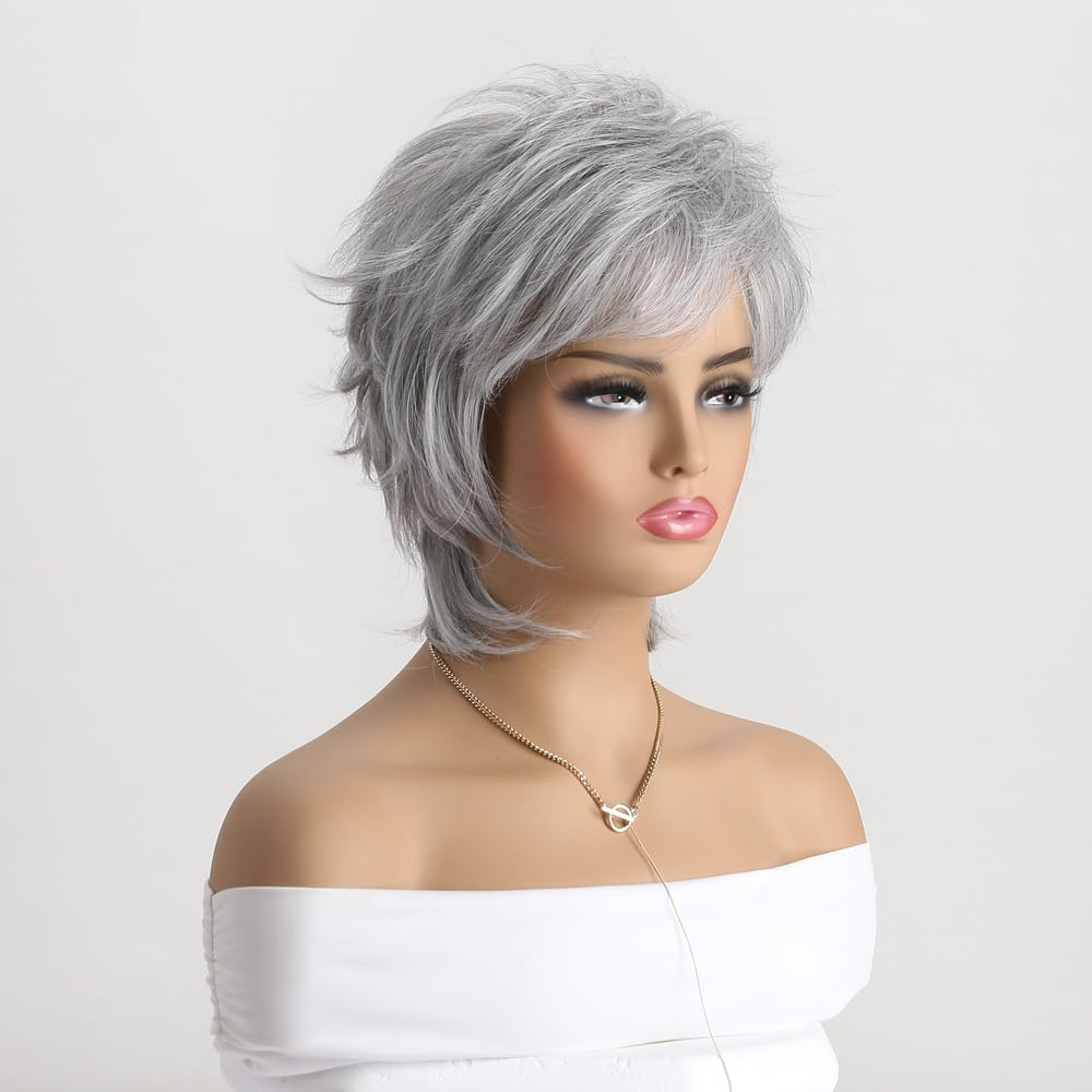 AUBWIG Long Soft Silver Grey Shaggy Tiered Wigs for Women Shoulder Length Tiered Natural Shaggy Wig with Fringe Synthetic Wig (Silver Grey) image number 2