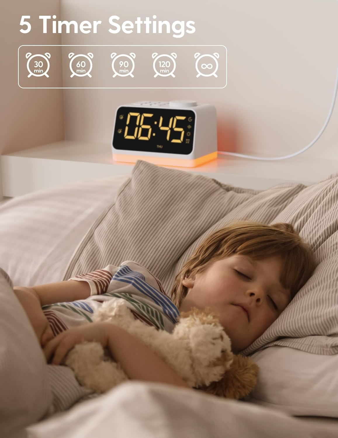 BABELIO White Noise Sound Machine & Alarm Clock, 17 Smoothing Sounds, 9 Night Light, Sleep Timer, 16-Level Volume Control, 4-In-1 Gentle Wake up White Noise Machine for Sleeping, Adults, Kids, Baby image number 4