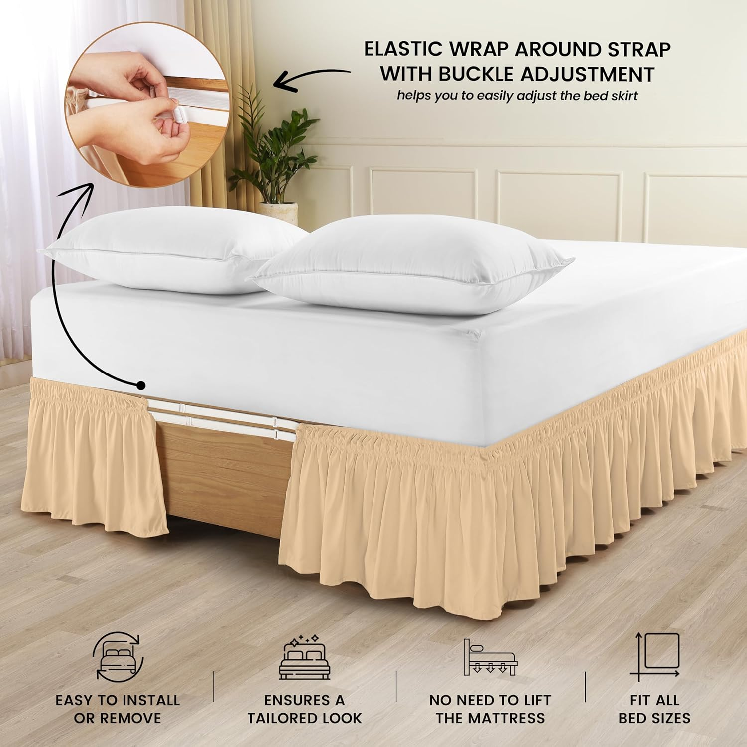 Utopia Bedding Queen Elastic Bed Ruffle - Easy Wrap around Ruffle - Microfiber Bed Skirt with Adjustable Elastic Belt 16 Inch Tailored Drop - Hotel Quality Bedskirt, Fade Resistant (Queen, Beige) image number 4