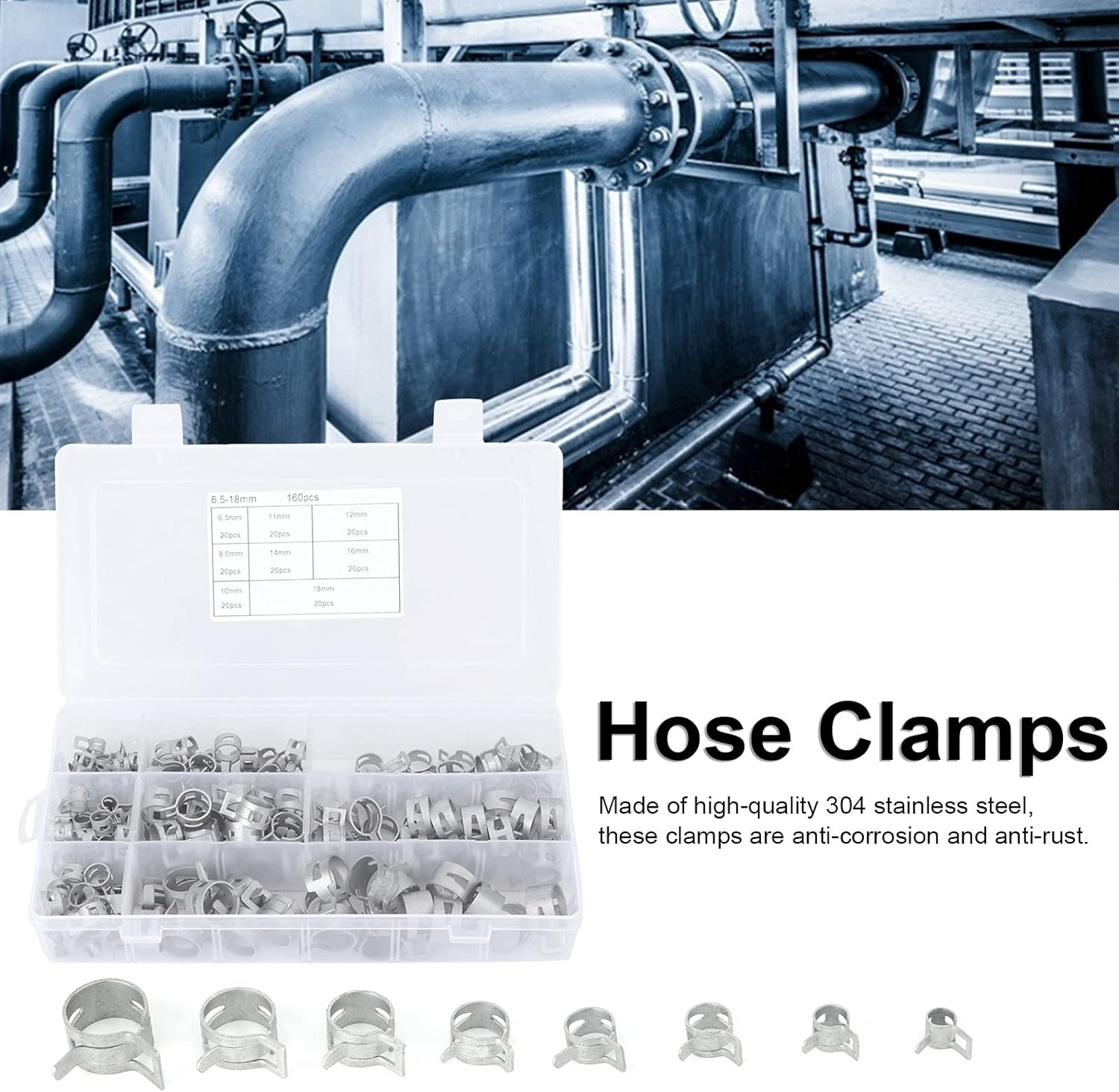 Joyzan Spring Band Hose Clamps, Stainless Steel Silicone Vacuum Hose Assortment Kit Fuel Line Air Tube Water Pipe Clip Fasteners 6.5Mm 8Mm 10Mm 11Mm 12Mm 14Mm 16Mm 18Mm 160Pcs image number 4