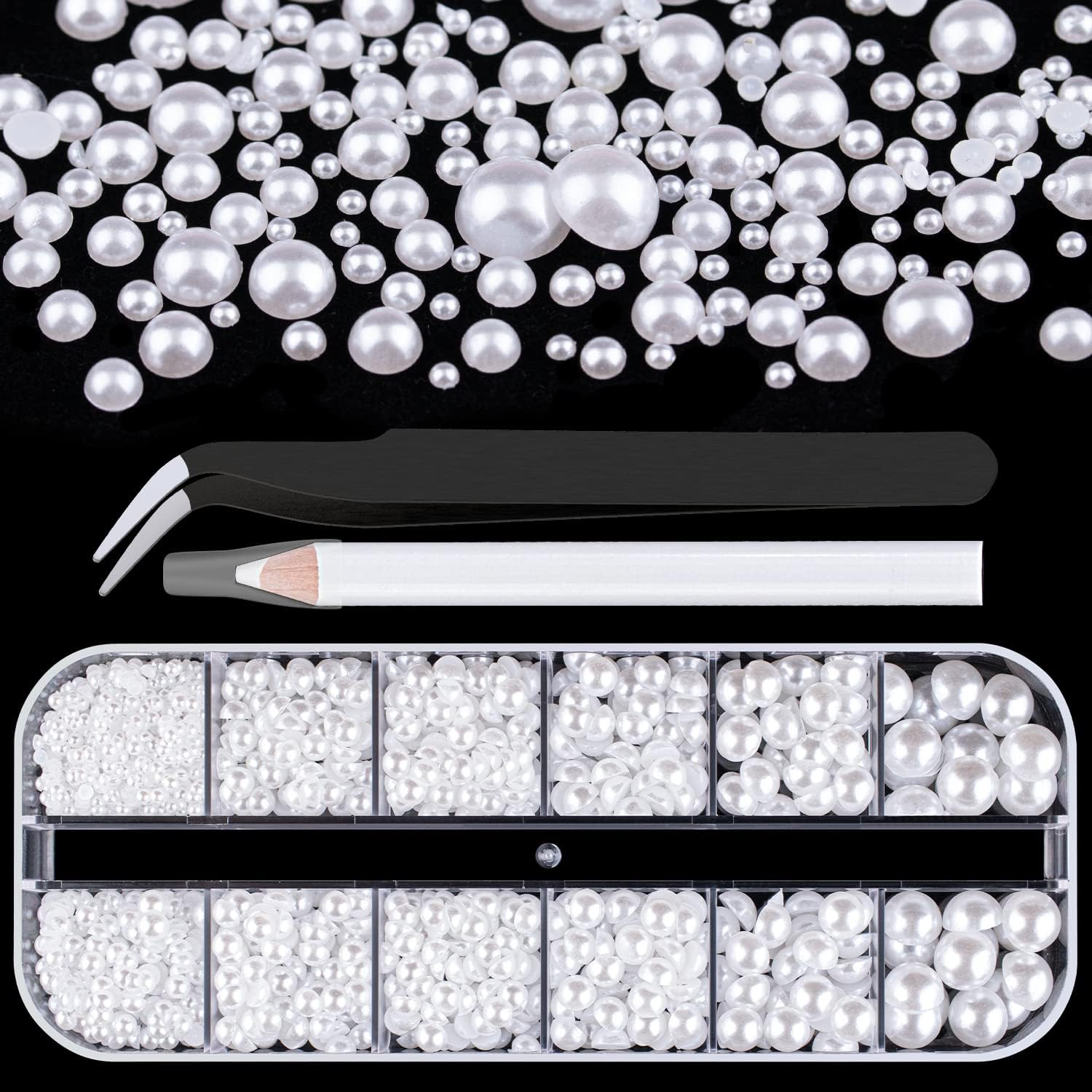Belleboost Flat Back Pearls Kits 2 Boxes of Flatback White Half round Pearls with Pickup Pencil and Tweezer for Home DIY and Professional Nail Art, Face Makeup and Craft