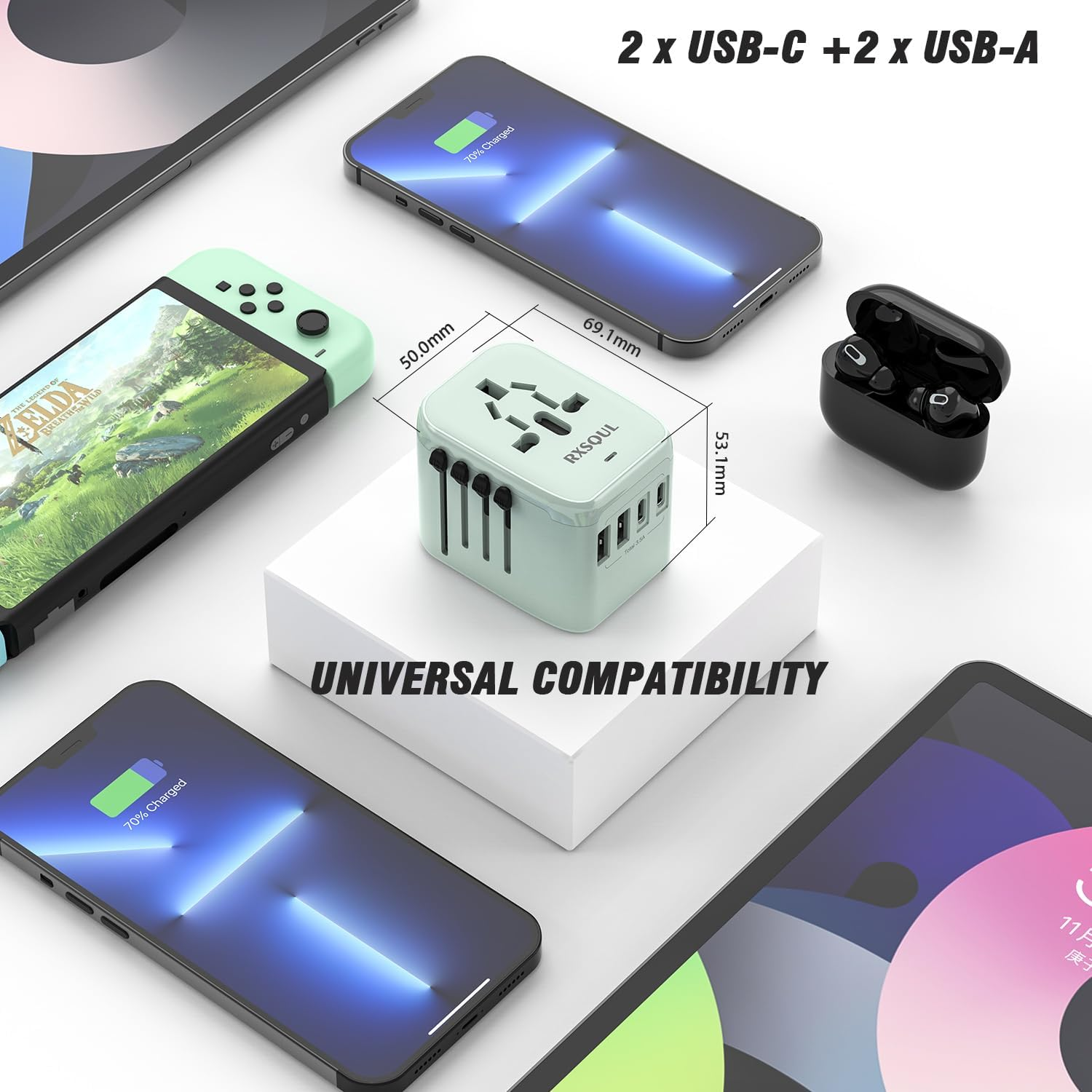 Universal International Power Travel Plug Adapter, 5 in 1 European Travel Plug Adapter W/ 3.5A 2Xusb-A and 2Xusb C Wall Charger and Worldwide AC Outlet for Europe USA Japan UK AUS Asia-Green