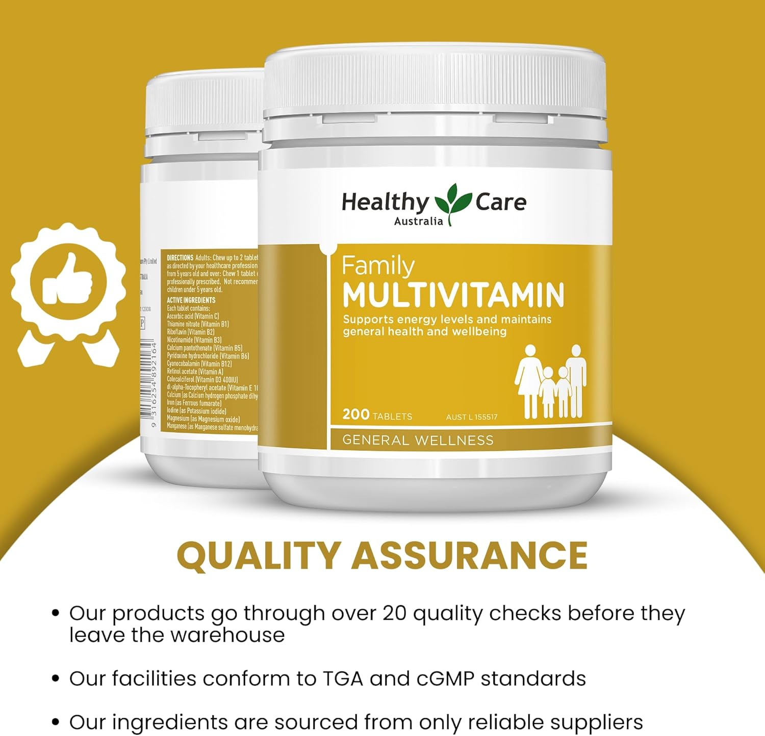 Healthy Care Family Multivitamin Chewable Tablets - Complete Daily Nutritional Support - Premium Dietary Supplement - All-Natural Ingredients - 200 Tablets image number 2