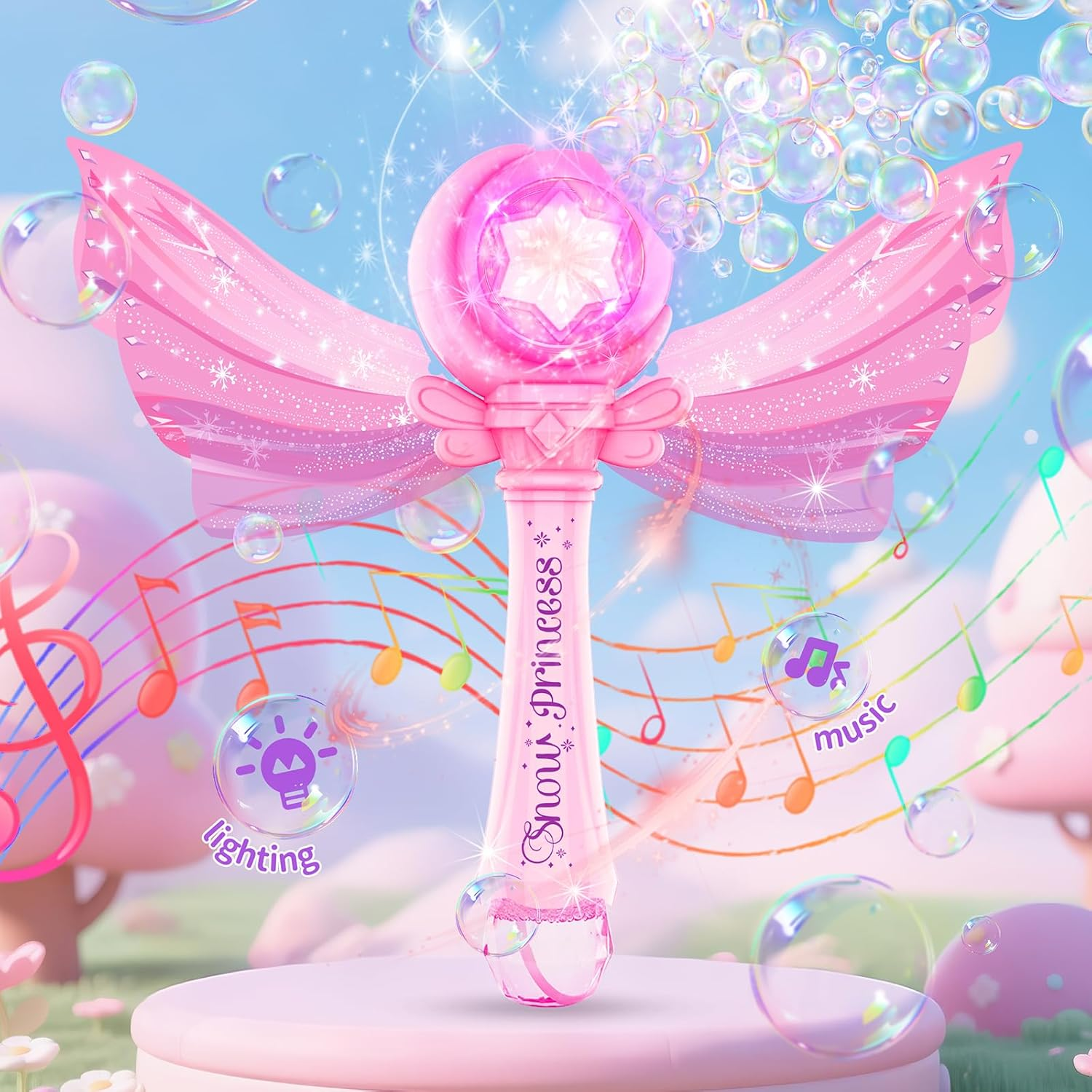 Zynexis Bubble Wands for Kids Girls - LED Light & Music Bubble Machine with 2 Bubble Solutions, Outdoor Party Birthday Toys for Toddlers, 3 4 5 6 7 8 Year Old Girls Gift image number 1