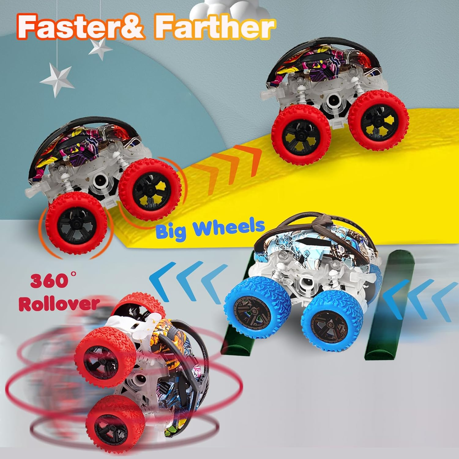 Car Toys for 2 3 4 5 6 Year Old Boys,2 Pack Monster Truck Toy with Lights,4Wd Push and Go Inertia Cars,360&deg;Rotation Pull Back Vehicle,Cool Toys for Kids Age 2-6 Christmas Birthday Party Gift image number 6