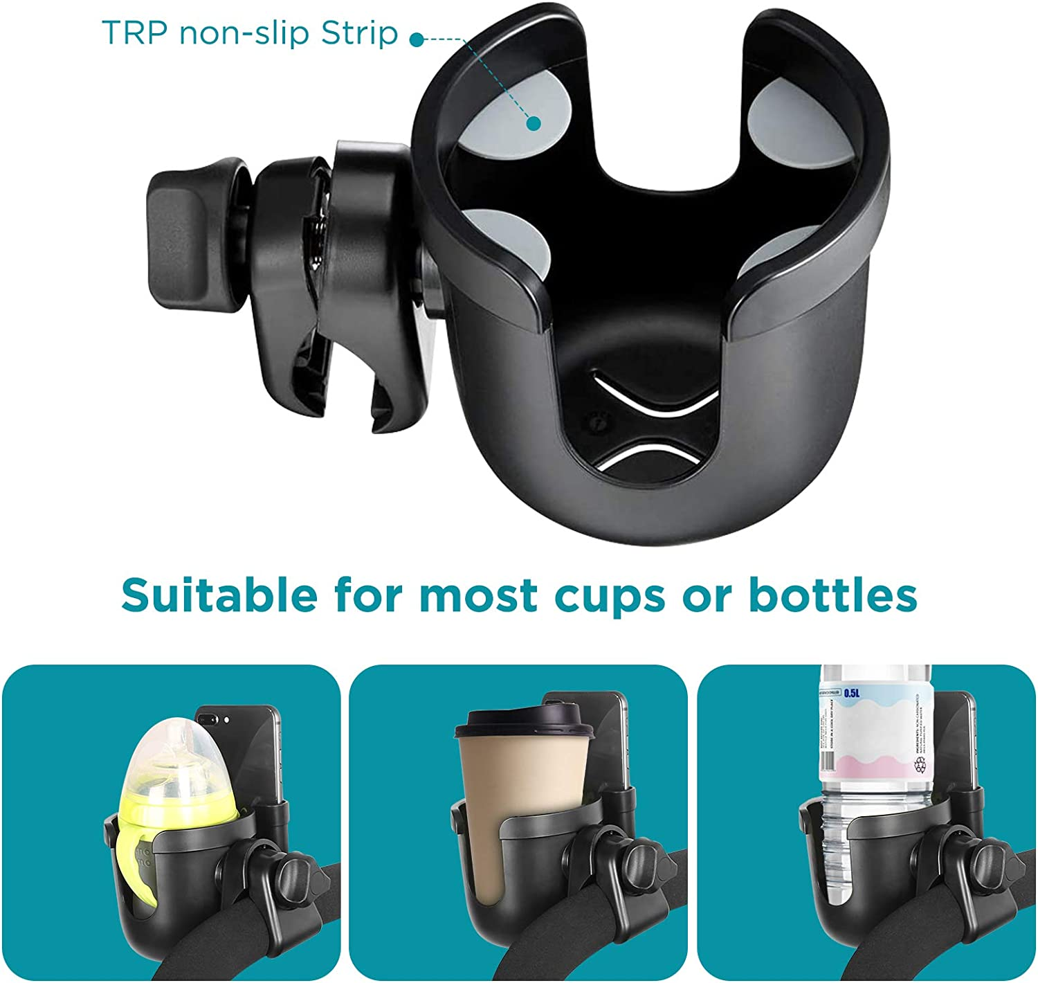 WD&CD Stroller Cup Holder with Phone Holder, Baby Pushchair Cup Holders for Strollers Bike Pushchair Wheelchair - A image number 3