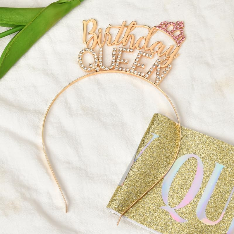 Birthday Queen Headband Crown and Sash Gold Birthday Tiara Headpiece with Rhinestones B-Day Gifts for Women Wife Her Happy Birthday Party Decorations Favors Accessories image number 6