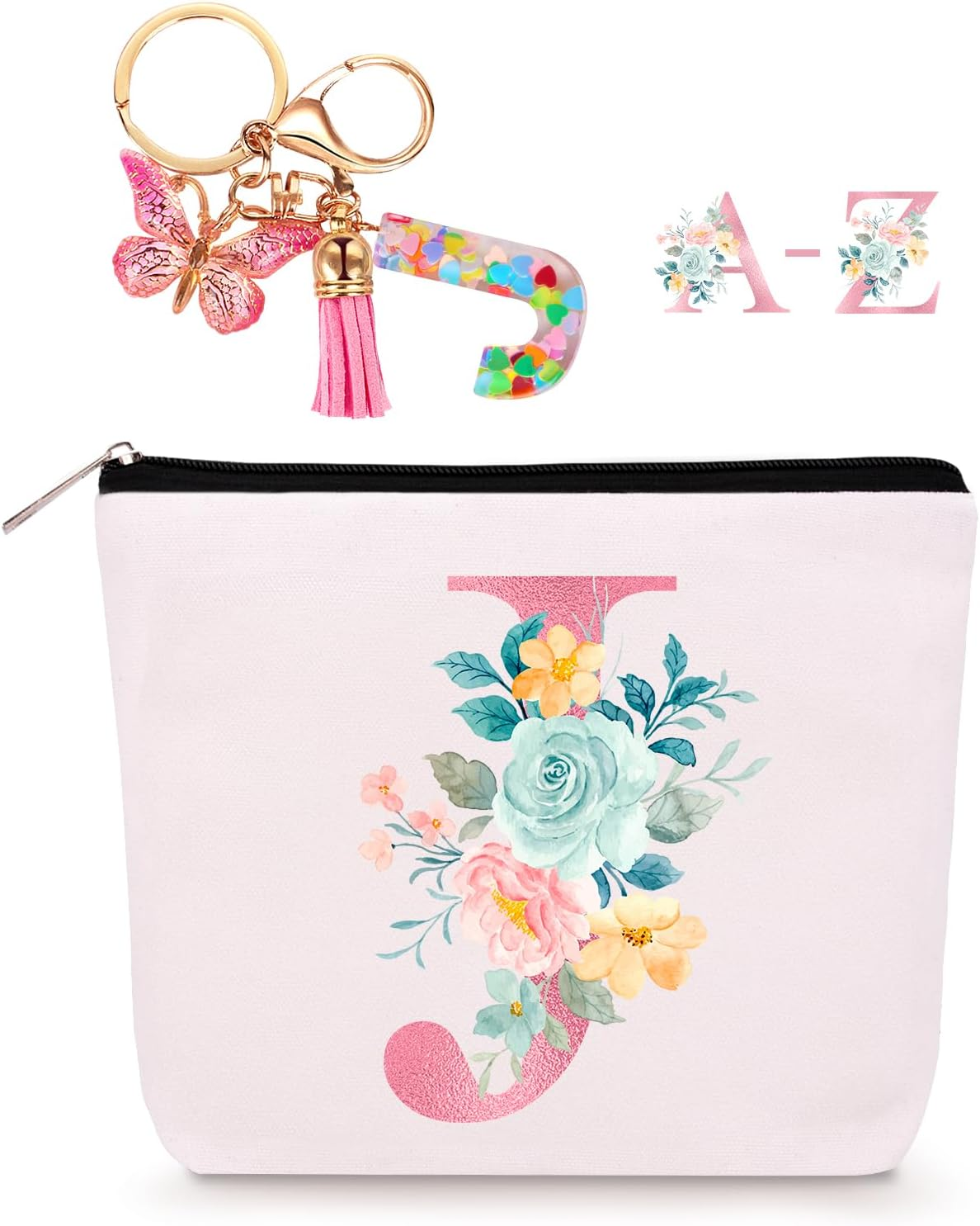 Personalized Makeup Bag with Initial Keychain, Custom Travel Initial Makeup Bag, Birthday Gifts for Women Girl Bridesmaid Teens Teacher, Monogram Small Cosmetic Preppy Toiletry Pouch, J, - C image number 3