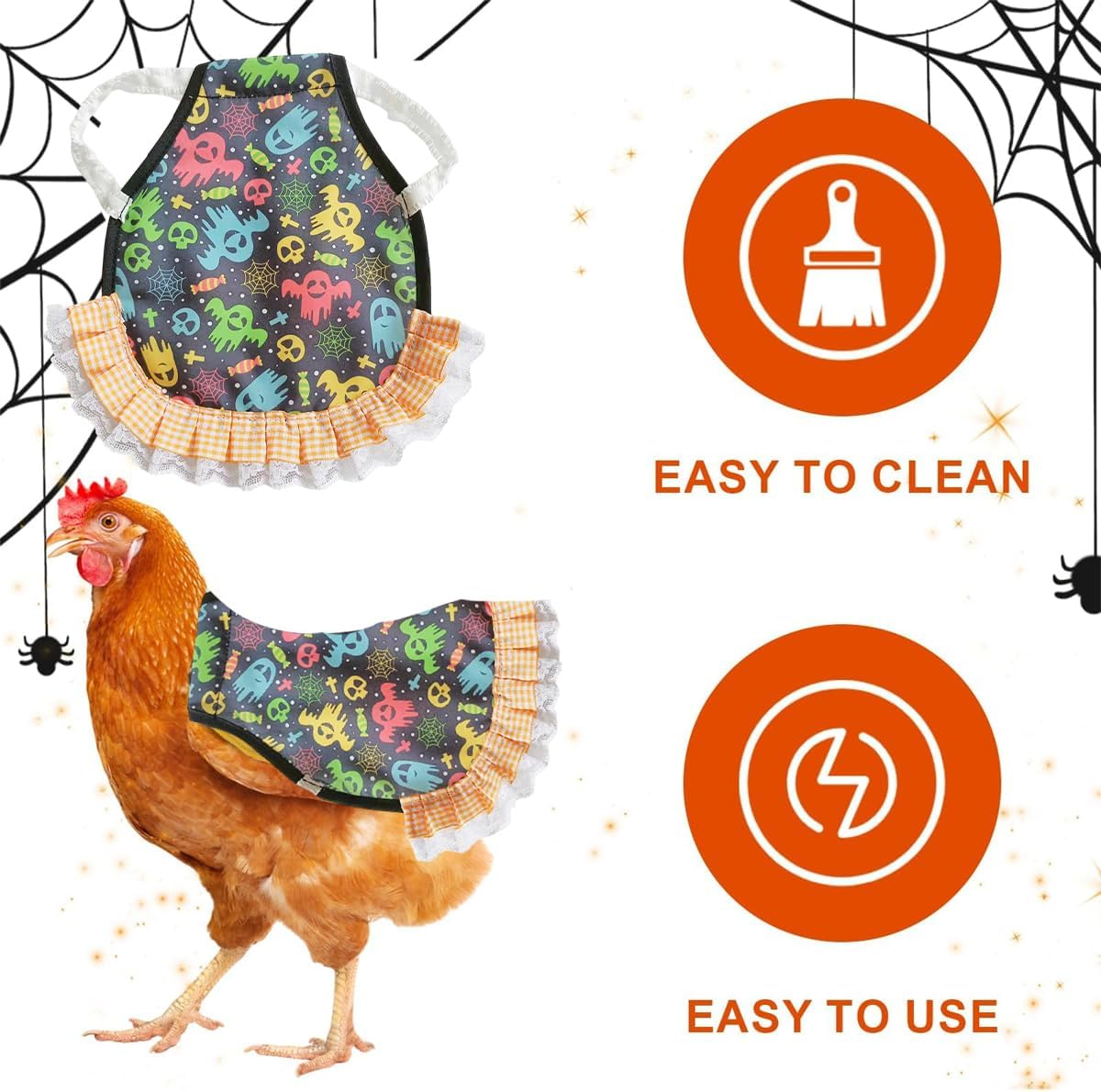 AIMALL Halloween Chicken Saddle Apron Hen Feather Guard with Lace Trim, Adjustable Poultry Back Protector for Feather Loss Recovery, 9.05X8.6In image number 3