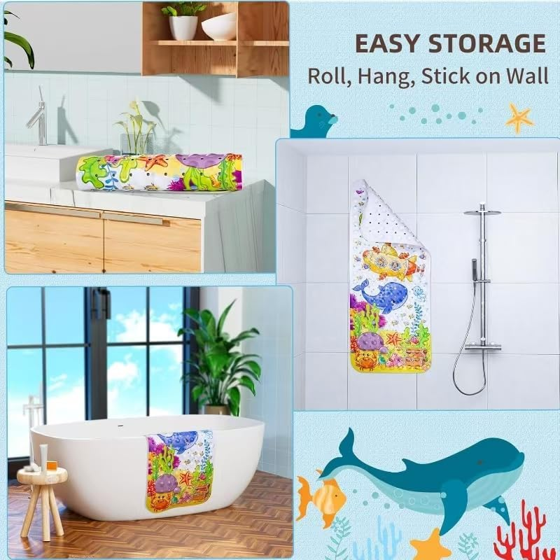 Baby Bath Mat with Suction Cup Drain Holes, 40X16 in Kids Bathtub Mat, anti Slip Toddler Shower Mat Machine Washable Bath Tub Shower Mat Colourful image number 4