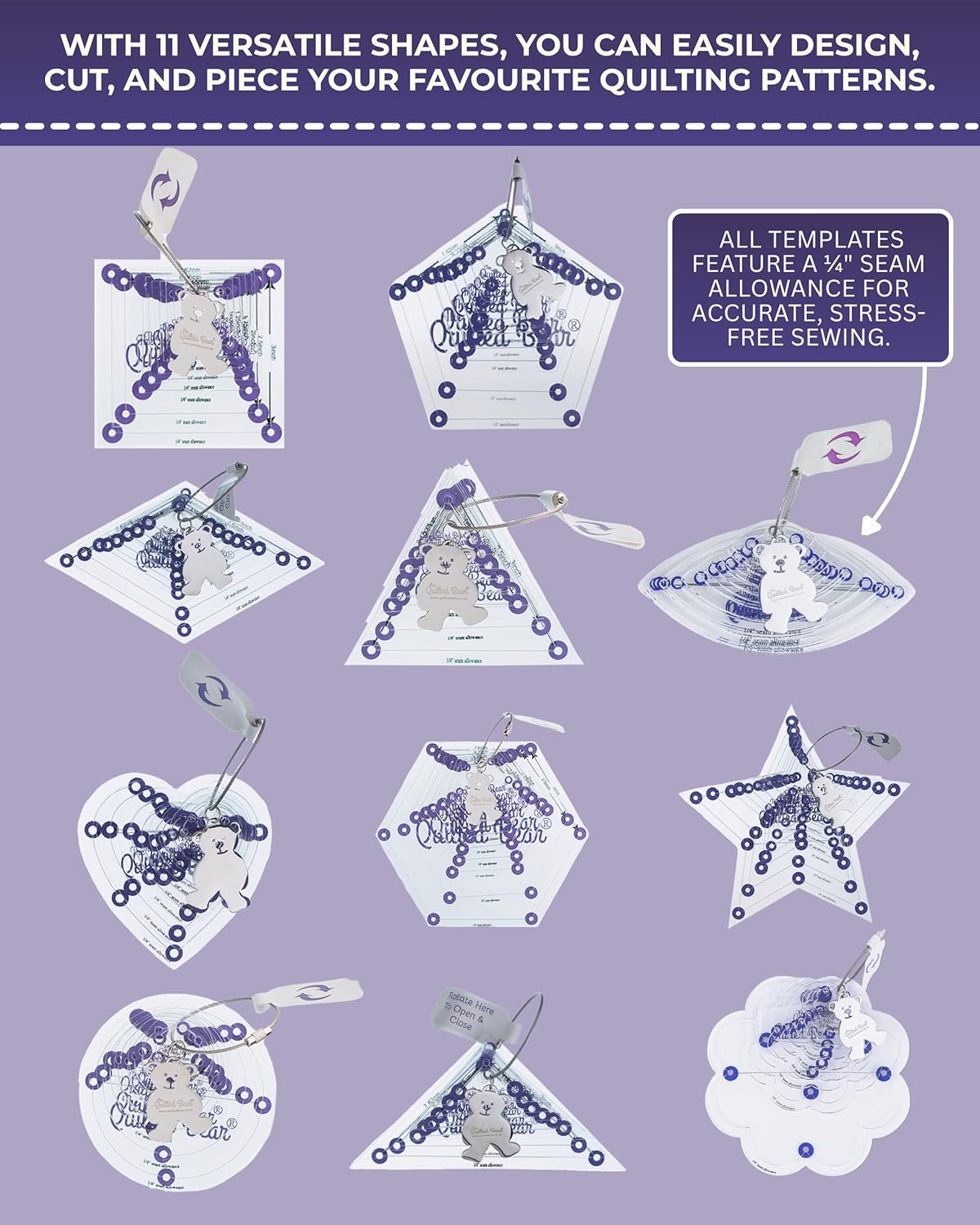 The Quilted Bear Diamond Quilting Templates - Set of 8 Non-Slip Clear Acrylic Templates for Quilting, Patchwork, Dressmaking and Sewing (3/4 Inch - 3 Inches) image number 6