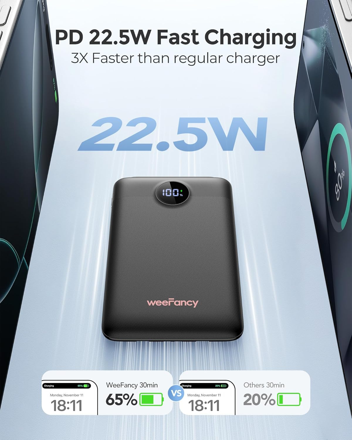 Power Bank for Iphone Weefancy Mini Powerbank 22.5W Fast Charging Slim USB C Portable Charger Built-In Cables Small Battery Pack 10000Mah Travel Essential Charger for Iphone Samsung Google LG, Etc - Black image number 5