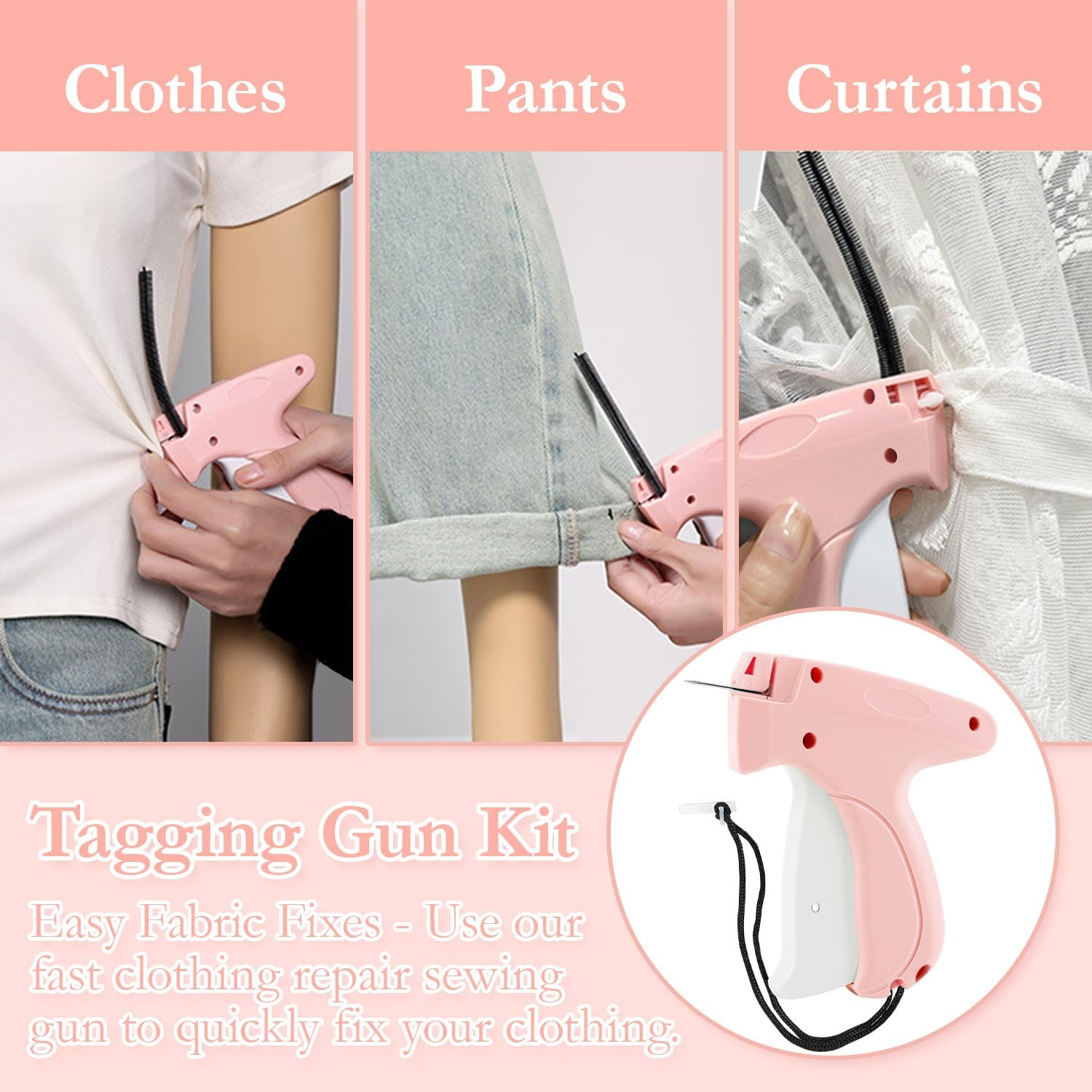 Tagging Gun Kit, Handheld Stitch Fine Stitch Tool Gun Quick Clothing Fixer, Mini Stitch Mending Quilting Gun for Clothes, Includes 5 Replacement Needle, 1500 White & 1500 Black Micro Fasteners (Pink) image number 3