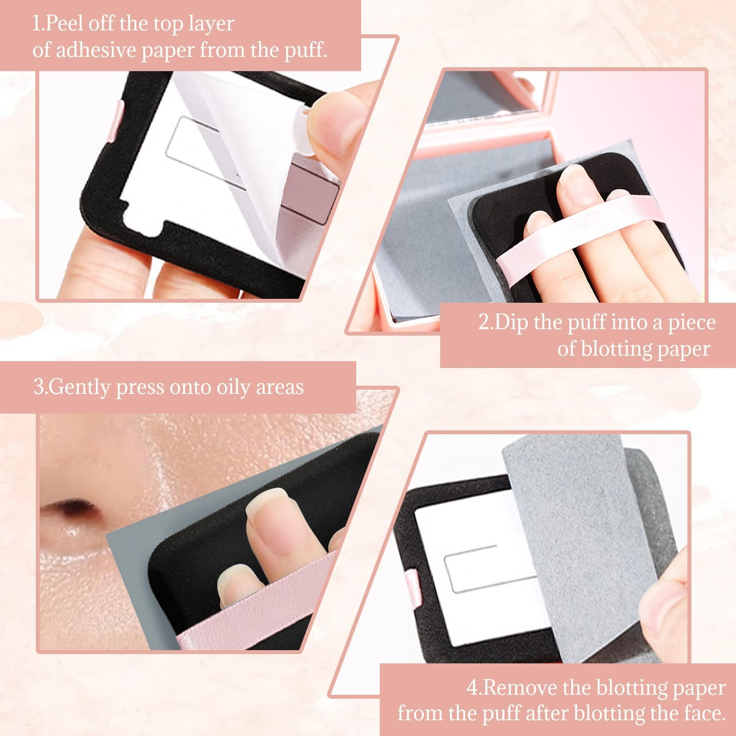 BOROLA 3-In-1 Oil Blotting Paper Set for Face Oil Absorbing Sheet with Portable Mirror & Adhesive Makeup Puff, Blotting Paper for Oily Skin, Design for Men & Women(100 Sheets, Pink Bow) image number 2