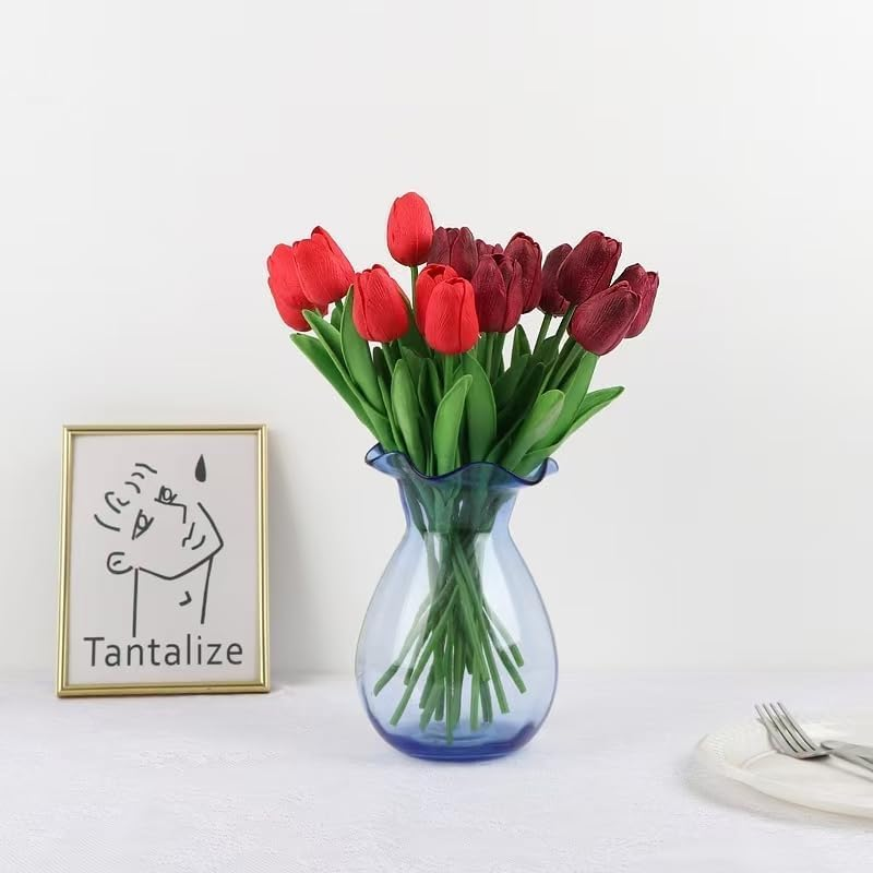 10Pcs Red Fake Tulips Artificial Flowers Real Touch Red Silk Flower for Home Kitchen Decor Spring Easter Wedding Bouquet Decorations Office Floral Arrangements (One Size)