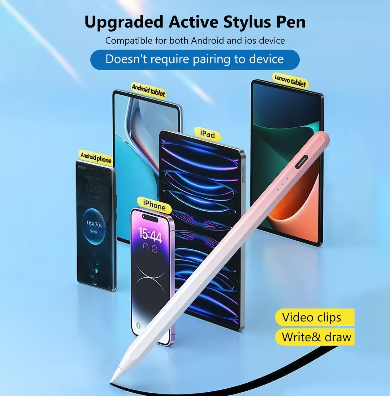 Active Stylus Pen Universal for Android/Ios Touch Screen Device, Upgraded Stylus Pen Rechargeable Stylus for Samsung/Ipad/Lenovo Tablet [Magnetic] [Touch Switch] [3 LED Indicator] (Pink) - White image number 5