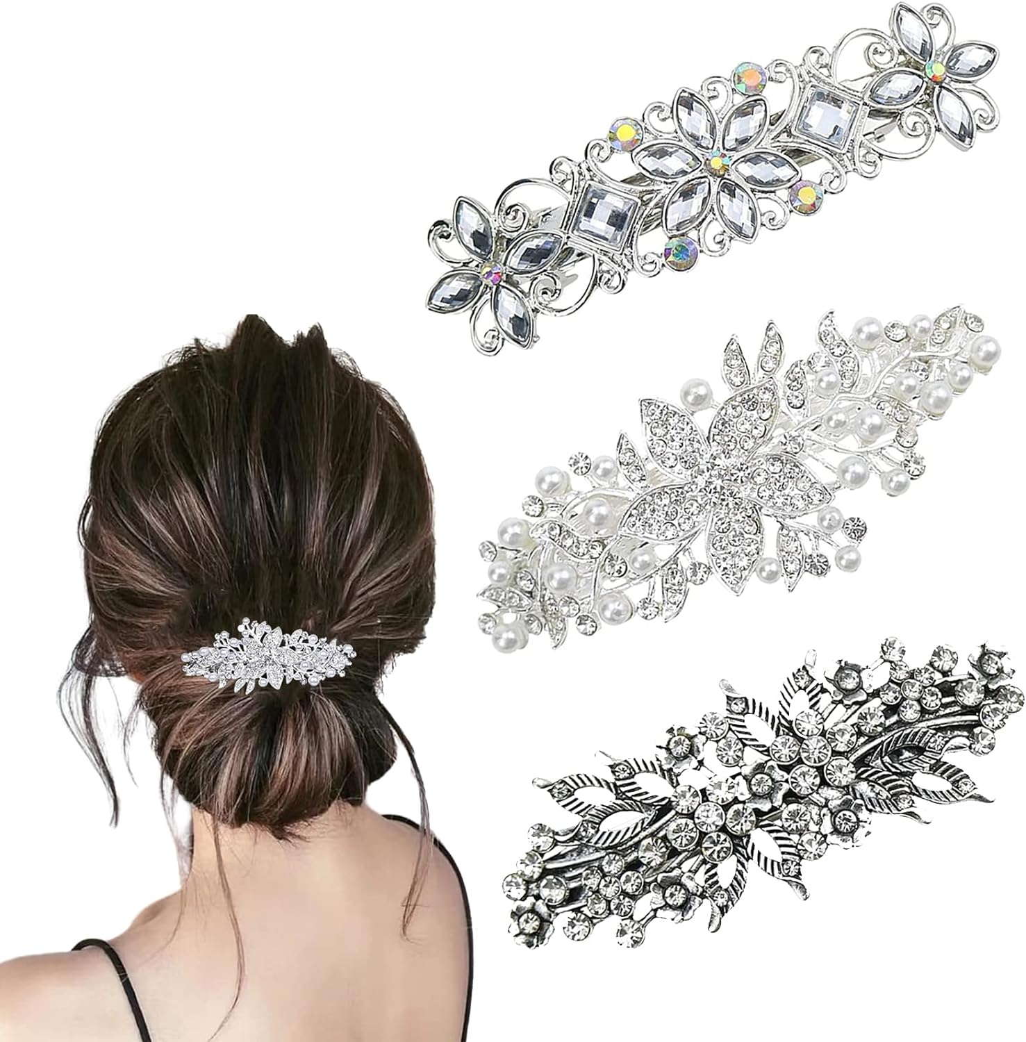Rhinestone Pearl Hair Clips,3Pcs Antique Crystal Barrette Silver Flower Leafy Pins Elegant Jewelry Hair Decorations Accessories Head Pieces for Women Bridal Wedding Party Gift