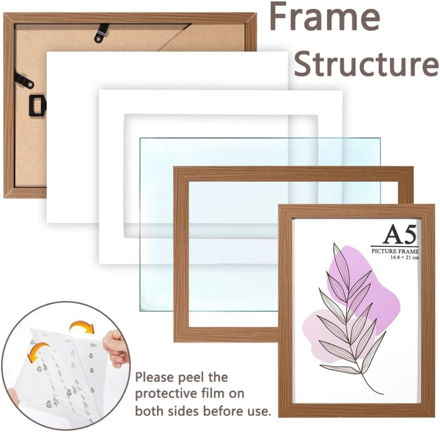 Baoee Set of 3 Brown A5 Photo Frames with Mount Acrylic Glass Poster Frame Certificate Frame Free Standing Wall Mounted image number 5