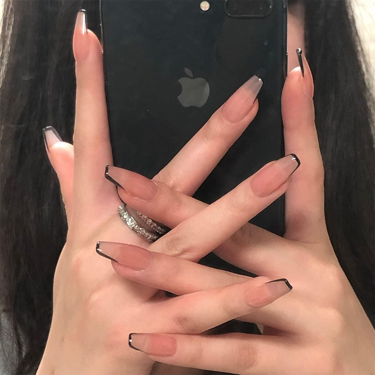 Press on Nails Medium Length French Acrylic Nails Coffin Fake Nails Black Nails Tips Nude Full Cover Nails image number 2