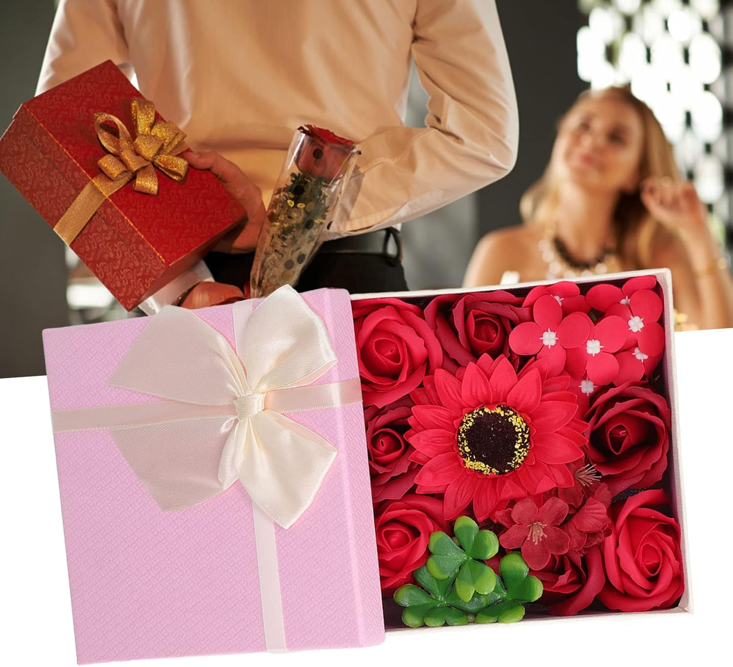 Bath Soap Flower, Flower Soap Gift Box, Simulation Flower Bath Soap Women Exquisite Flower Soap Gift Box for Birthday Valentines Day Christmas (Red) image number 6