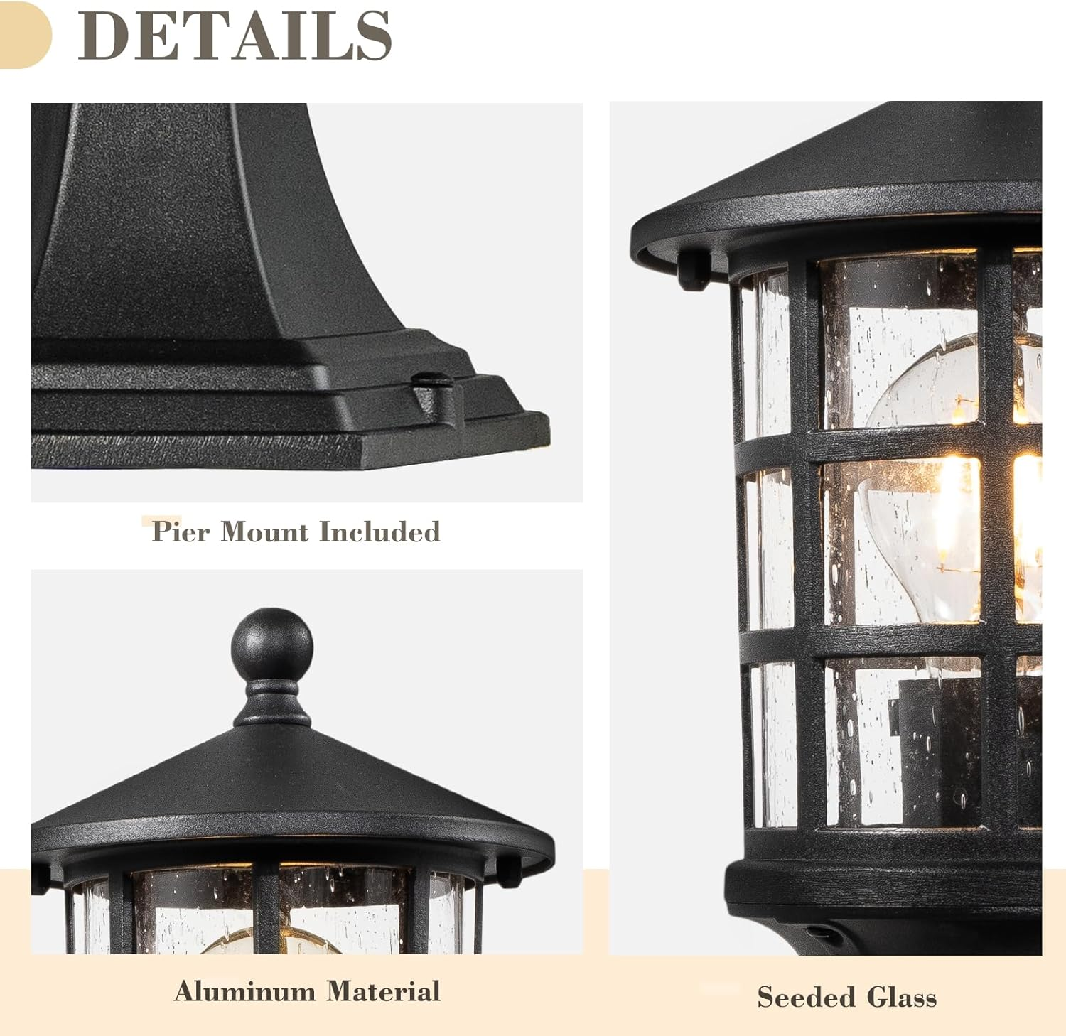 EMLIVIAR Outdoor Post Lantern, Modern Exterior Lamp Post Light Pole, 13.4 Inch Aluminum with Seeded Glass, Black Finish, AUXE222P BK image number 2