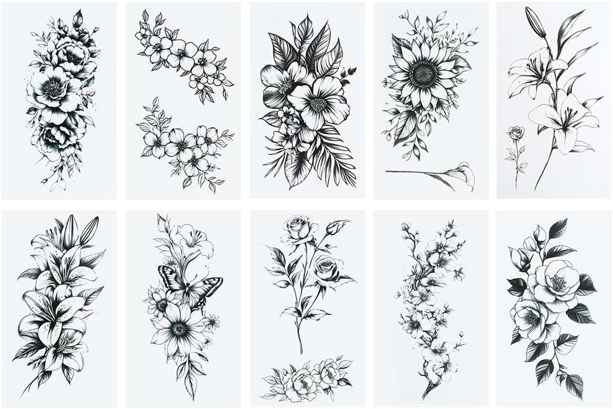 Craspire 30 Sheets Black Flowers Temporary Tattoos Women Men Removable Floral Rose Leaf Branch Sticker Paper Waterproof Realistic Long Lasting Make up for Body Clavicle Arm