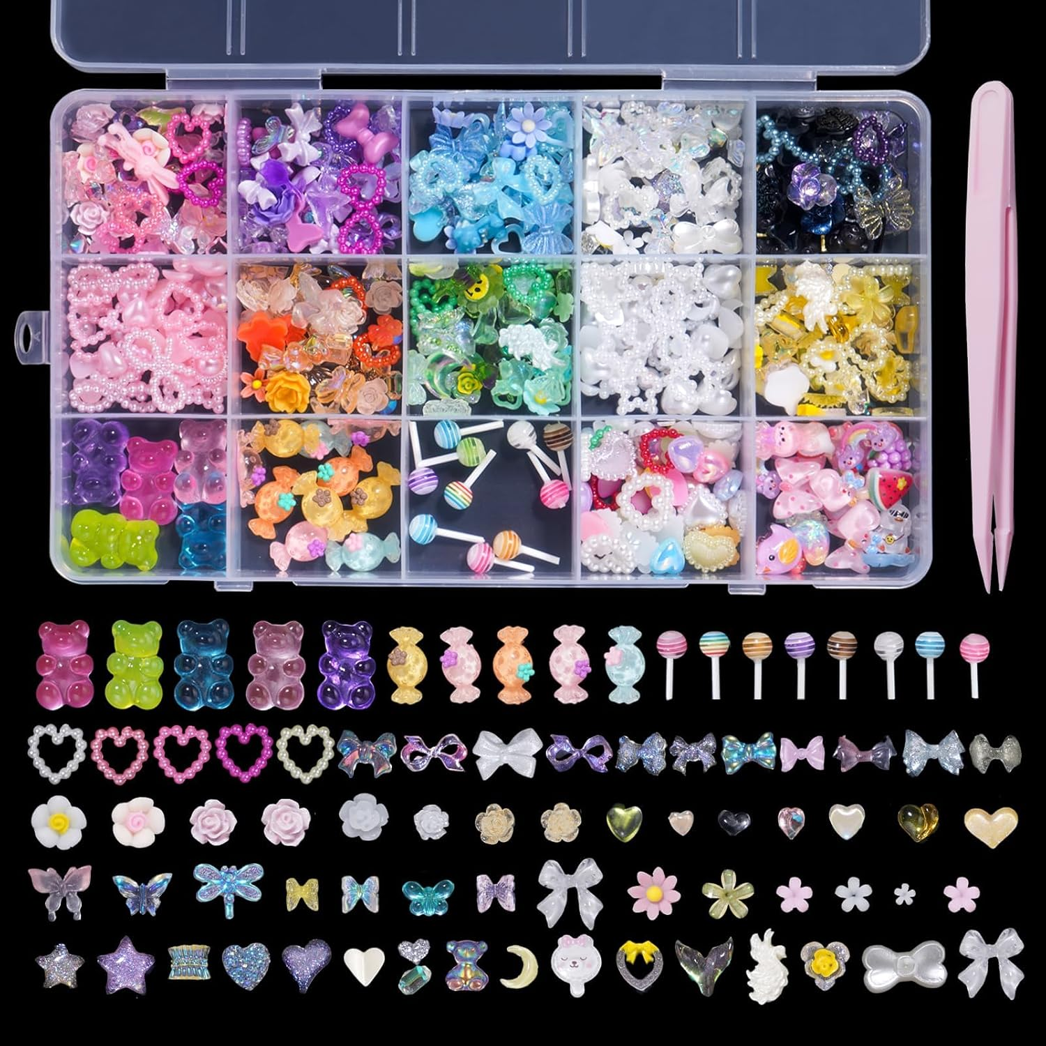 3D Assorted Pearls Cute Bear Lollipop Candy Nail Charms for Manicure Crafts Accessories Set - Colorful Flower Heart Butterfly Bow Star Nail Charms image number 3