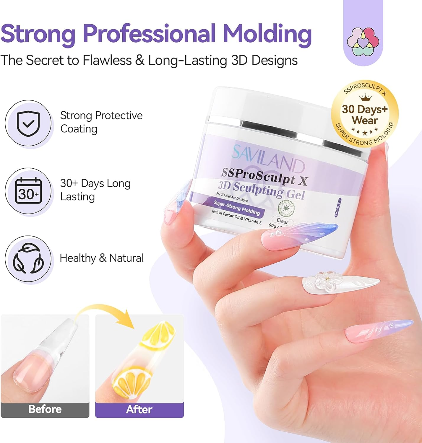 SAVILAND Sculpting Gel for Nail Art: Super Strong Molding 3D Gel Nail Art Clear Solid Sculpting Gel Non Sticky to Hands Nail 3D Gel 60 G Large Capacity Nail Extension Nail Art Salon Ssprosculpt X image number 6