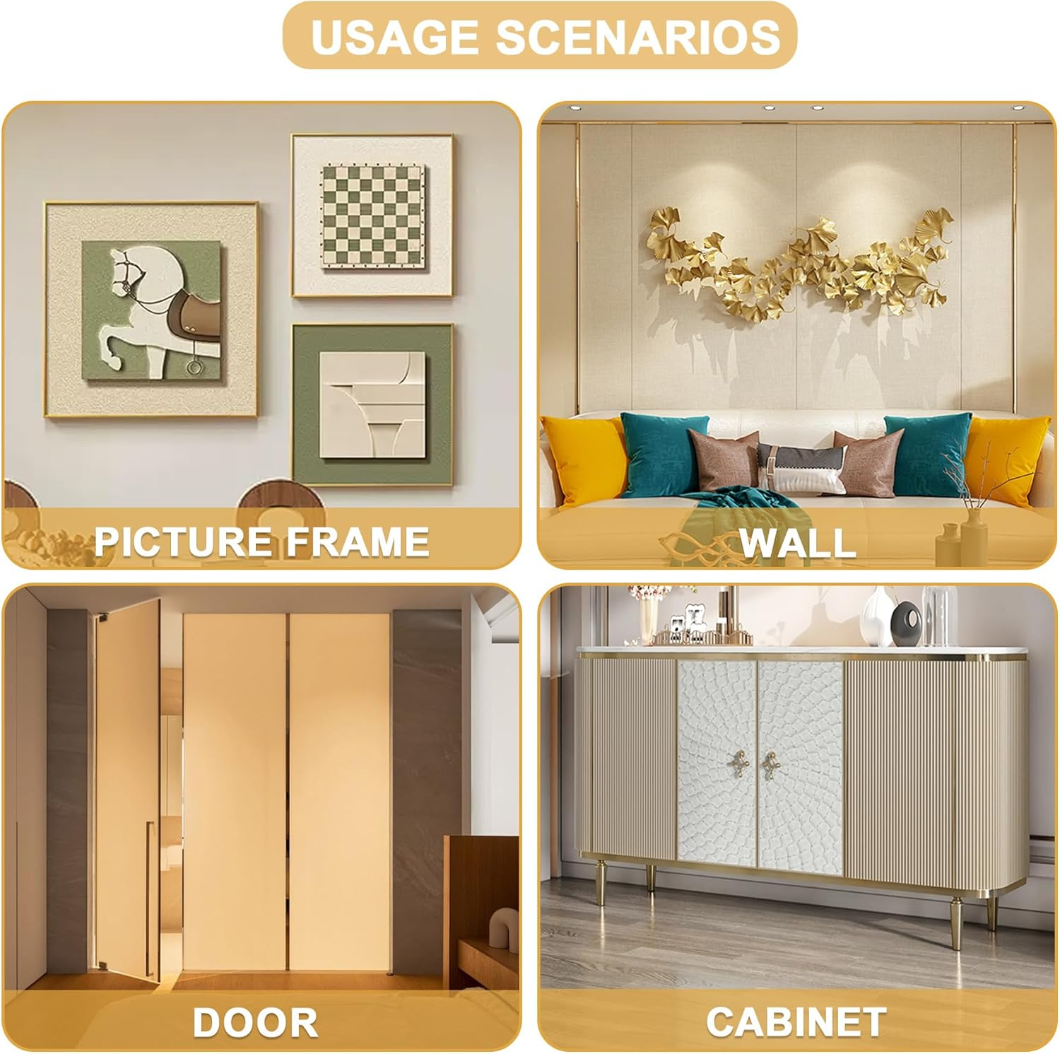 Soengsau Matte Gold Finish Molding Trim, 5M (L) X 1Cm (W) Peel and Stick Decoration Strip for Ceiling, Wall, Tile Edge, Furniture Cabinet, Mirror image number 6