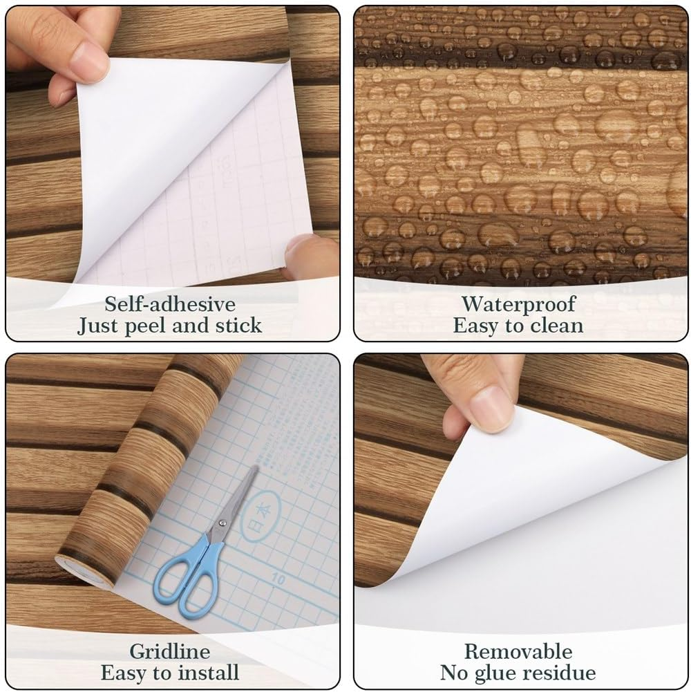 Arthome 43.5X305Cm Light Brown Stripe Wallpaper Self-Adhesive Removable Peel and Stick Wallpaper Vinyl Decorative Grain Paper Slats Easy to Clean image number 2