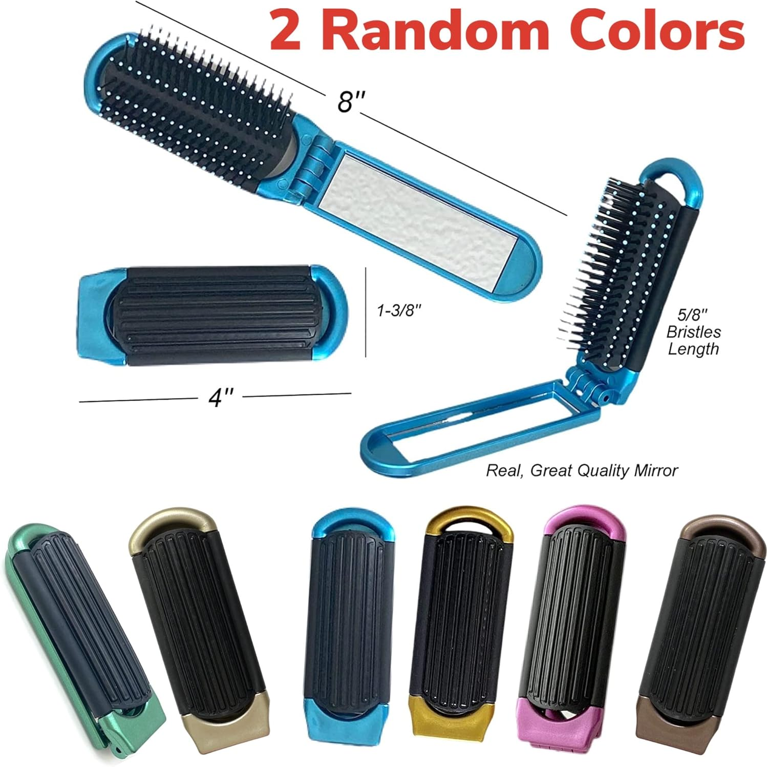 ALAZCO 2 Assorted Colors Folding Hair Brush with Mirror Compact Pocket Size Travel Car Gym Bag Purse Locker Swimming Camping Sleepover Gift and More image number 5