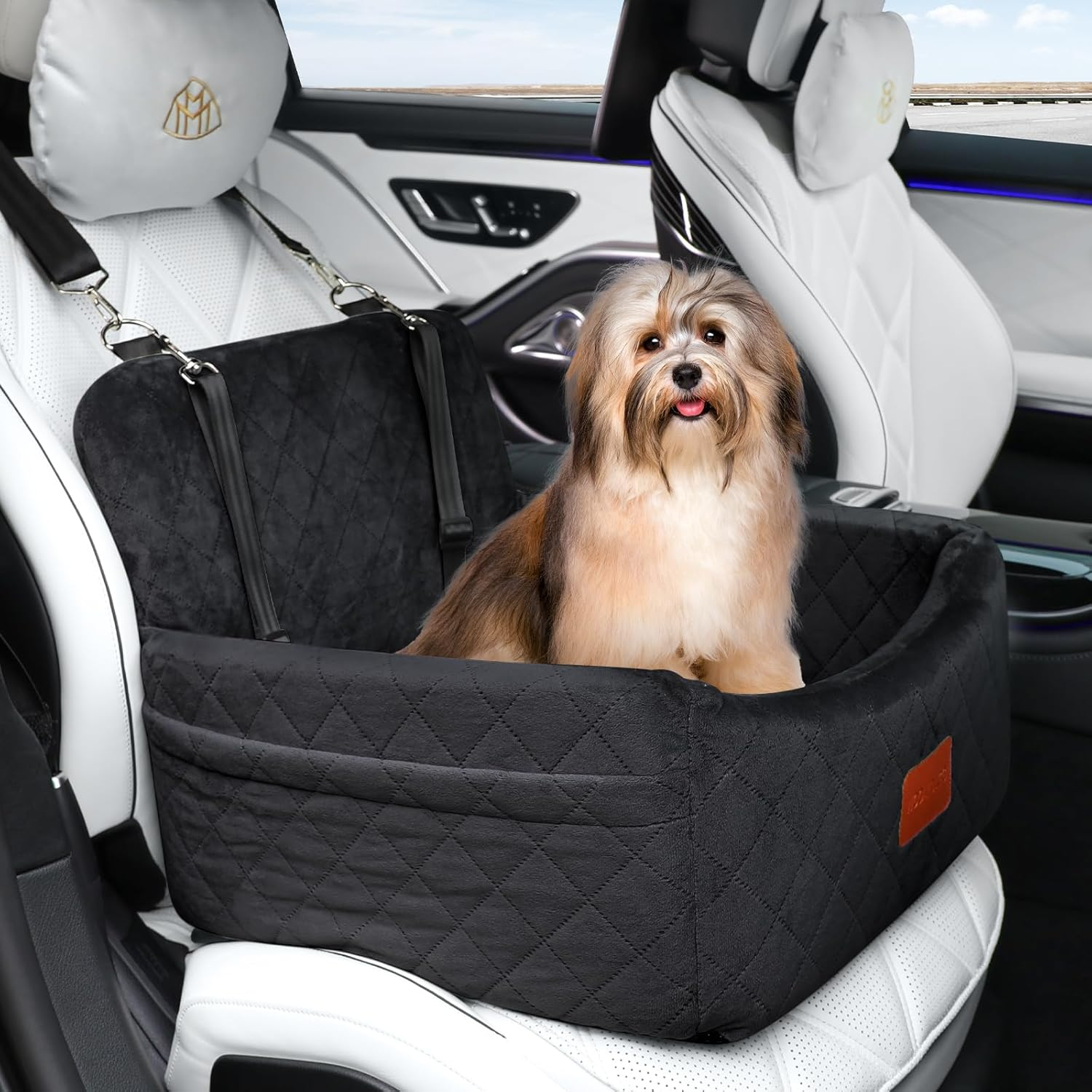 Dog Car Seat for Small Dogs under 25 Lbs, Washable Pet Travel Bed with Memory Foam, Detachable Cover, Storage Pockets & Safety Leash, Non-Slip Bottom(Black) image number 3