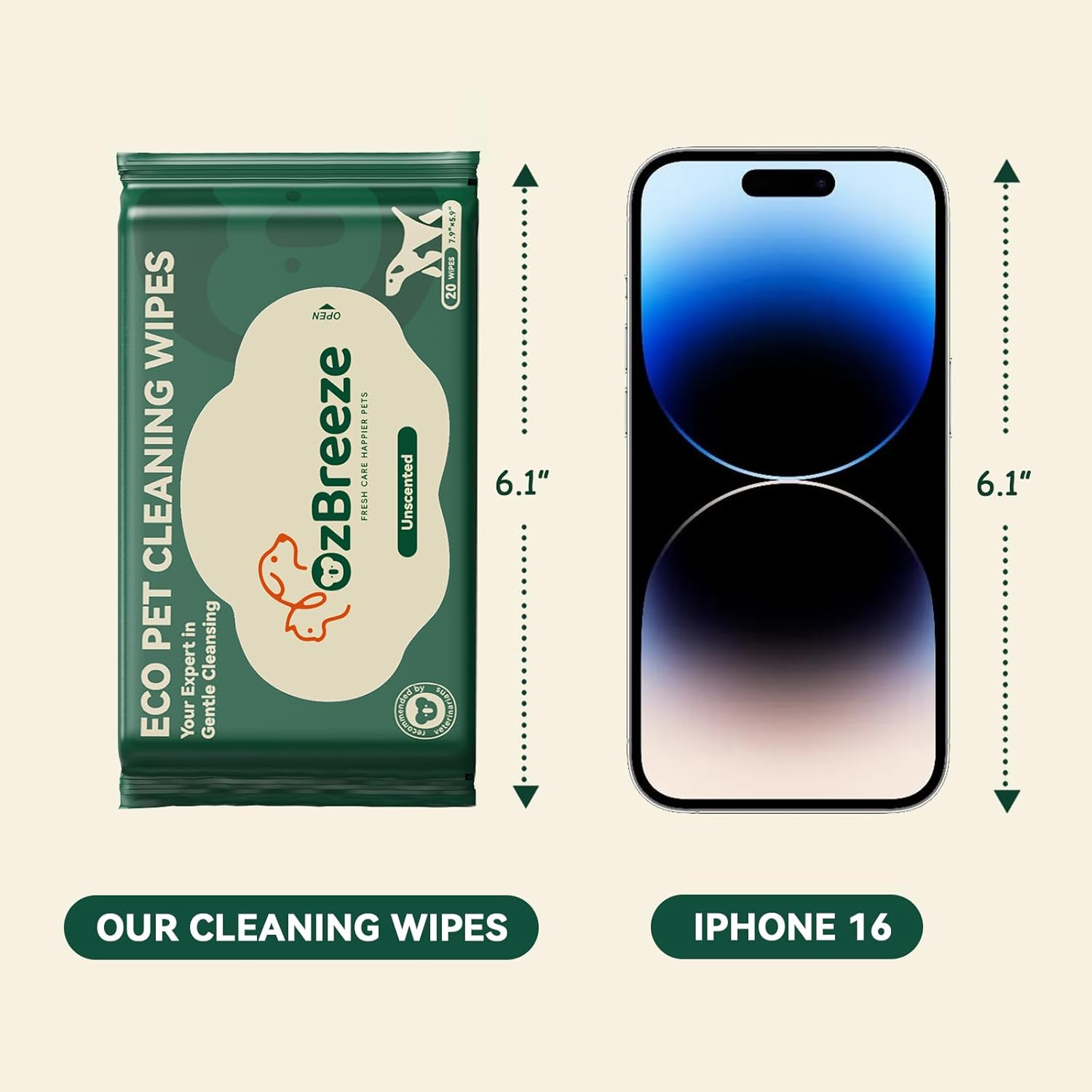 Ozbreeze Fresh Care Happier Pets Cleaning Wipes &ndash; Unscented Grooming Wipes for Dogs & Cats | Coconut Oil, Jojoba, Sea Buckthorn, Kakadu Plum, Oat | No-Rinse Needed | Travel Pack 15&times;20Cm, 7.9"X5.9" image number 2