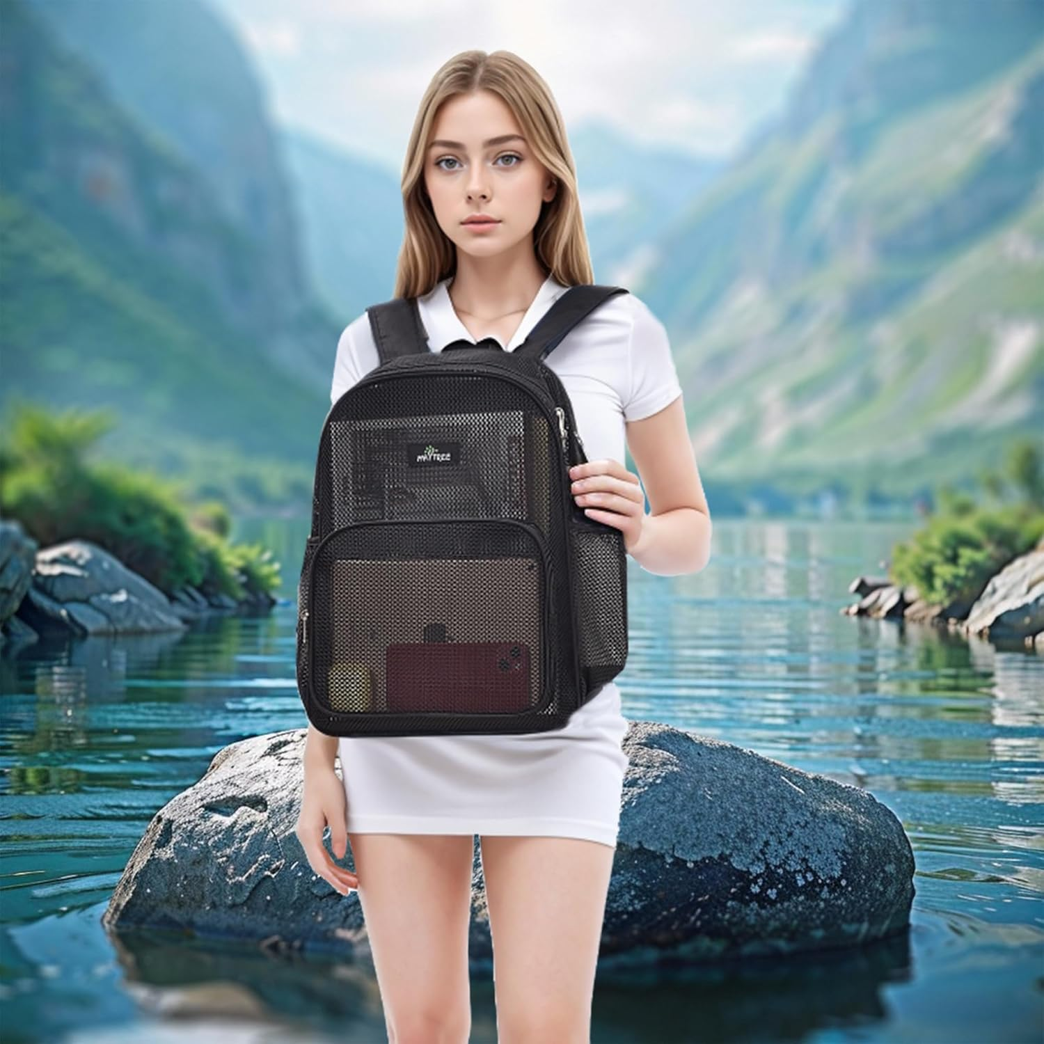 Mini Mesh Backpack, See through Mesh Backpack Small for Commuting, Swimming, Travel, Beach, Outdoor Sports image number 2