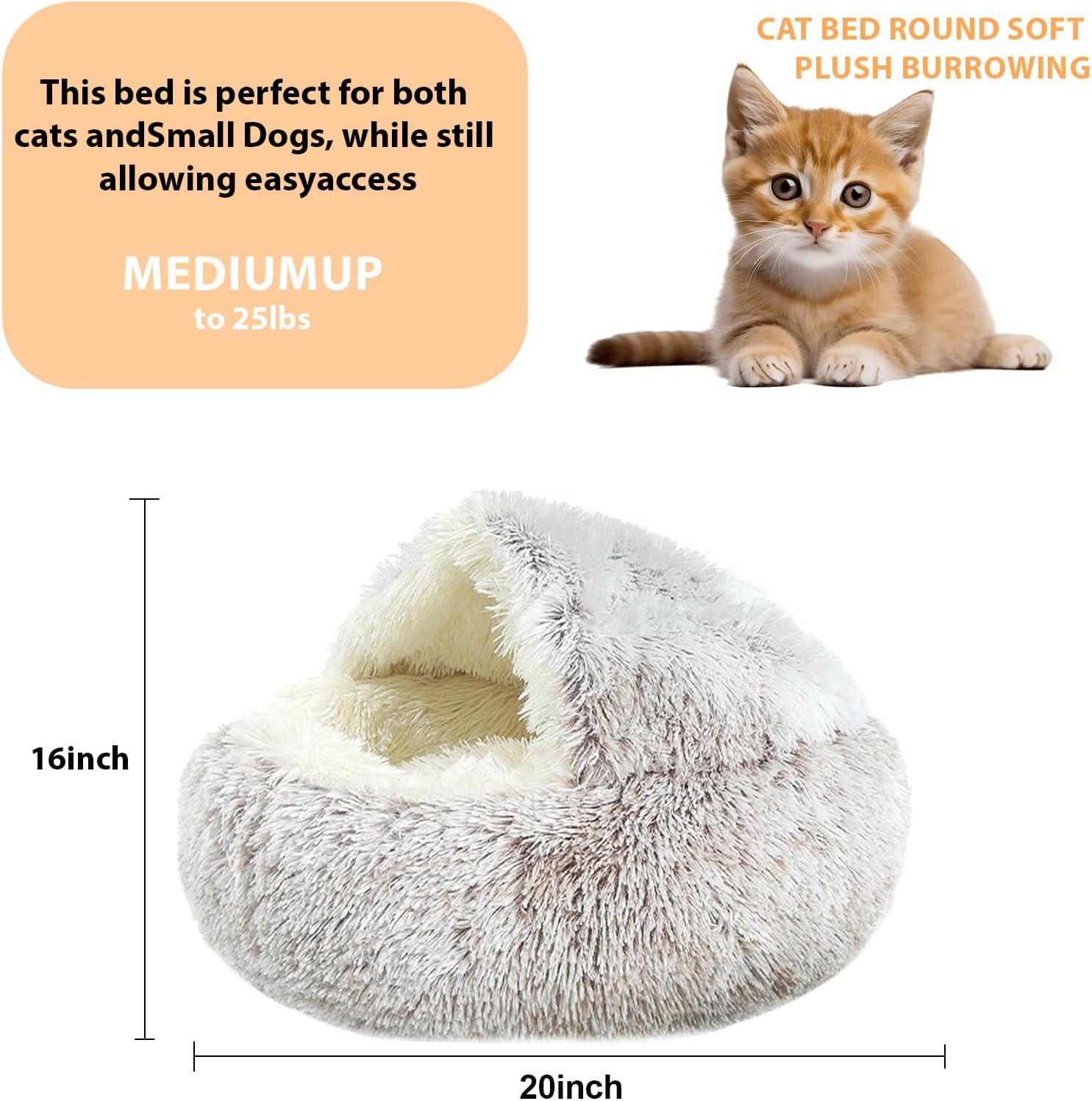 Cat Bed round Soft Plush Burrowing Cave Hooded Cat Bed Donut for Dogs & Cats, Faux Fur Cuddler round Comfortable Self Warming Pet Bed image number 6