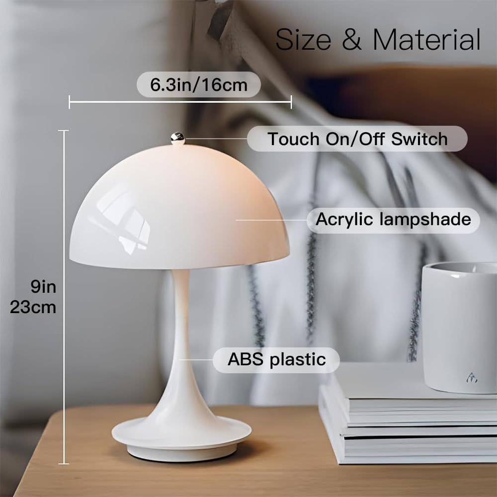 Cordless Mushroom Table Lamp with Touch Sensor, 3-Color Stepless Dimmable Battery Operated Portable Light for Bedroom Decor/Restaurant/Outside/Camping (White) image number 5