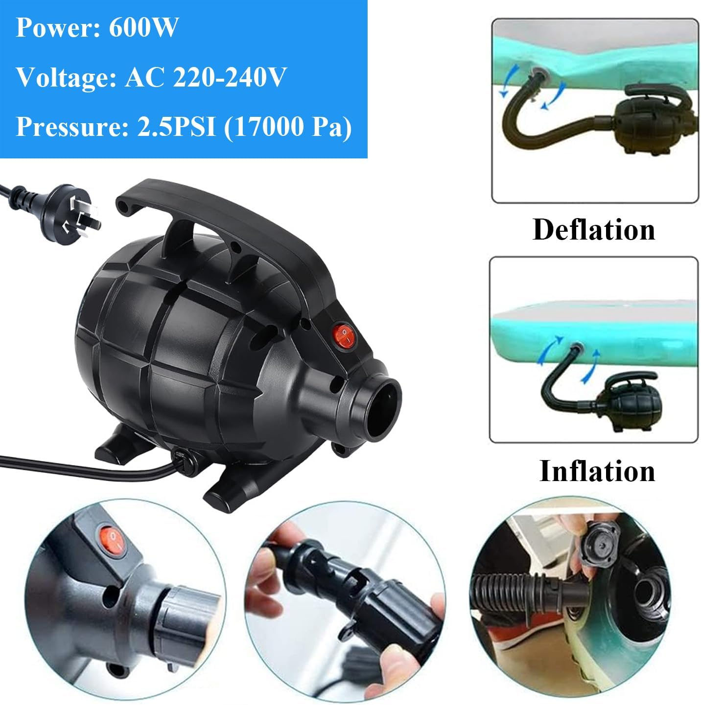 NOAEOU Electric Air Pump for Inflatables, AC (220V-240V), 600W, 20L/Min, Black, 5 Detachable Nozzles, Inflator/Deflator for Air Mattress, Swimming Rings, Airbeds, Rafts, Inflatable Sofas image number 5
