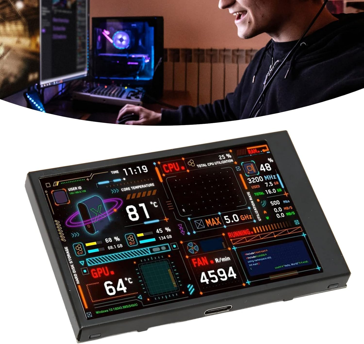 Computer Temperature Monitor, 3.5 Inch Display, Data Display, USB C Interface, Customizable Layout, Brightness Adjustment, Black, for System image number 3