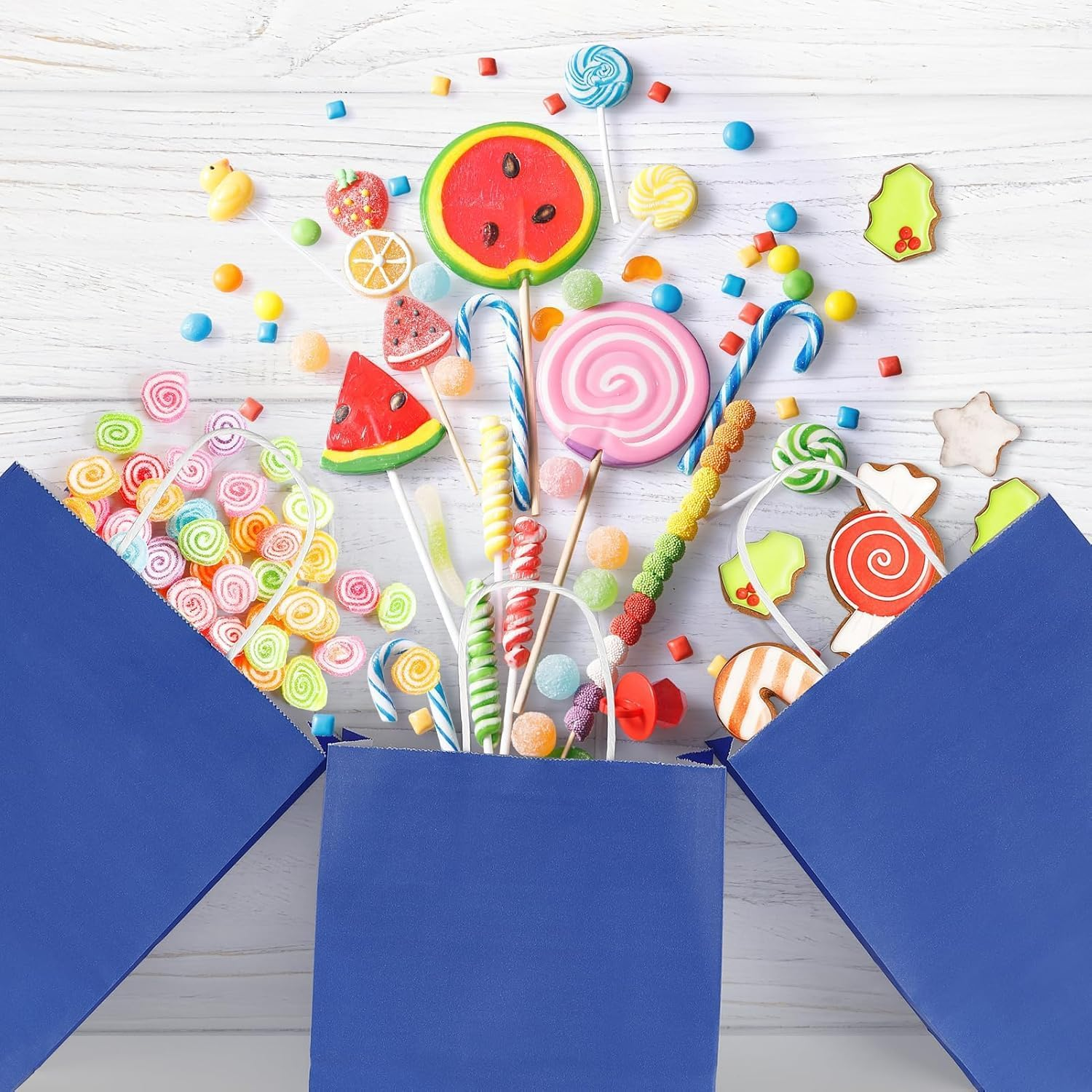 100 PCS Paper Bags with Handles,21 * 15 * 8CM Small Gift Bags,Kraft Paper Bags for Birthday Party Favors,Retail Shopping,Wedding,Christmas Bulk,Lunch (Blue) - White image number 6