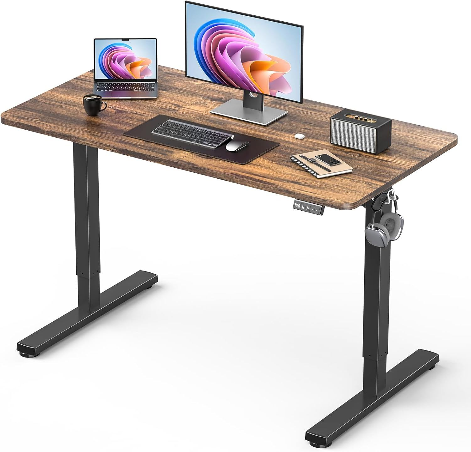Standing Desk, Large Height Adjustable Electric Stand up Desk, 140X60Cm Sit Stand Home Office Desk, with Splice Board, Black Frame/Rustic Brown Top