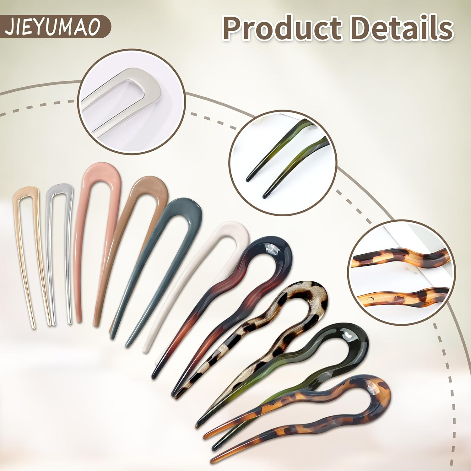 JIEYUMAO French Hair Pins, 10Pcs U Shaped Hair Pins, 10 Styles French Hair Forks for Women, Vintage U-Shaped Hairpins 2 Prong Bun Hair Sticks for Thick Straight Long Hair