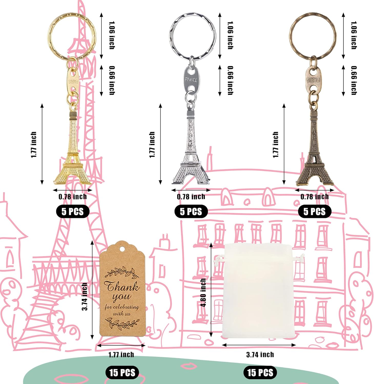15 Sets Paris Party Favors Eiffel Tower Shape Keyring Retro Adornment French Souvenirs Keychains French Theme Party a Day in Paris Party Parisian Tea Garden Party Supplies for Girl Women Birthday Gift