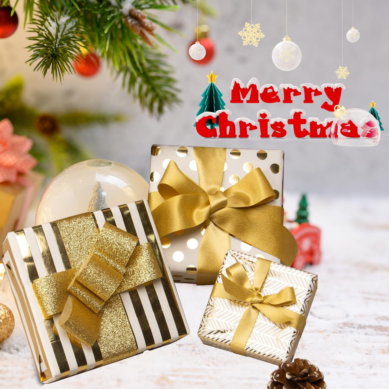 Birthday Wrapping Paper Roll, Birthday Gift Wrapping Paper Paper Roll,3 Rolls Happy Birthday Polka Dots Stripes Design for Birthday, Holiday, Party, Wedding by H HOME-MART (Gold Foil) image number 1