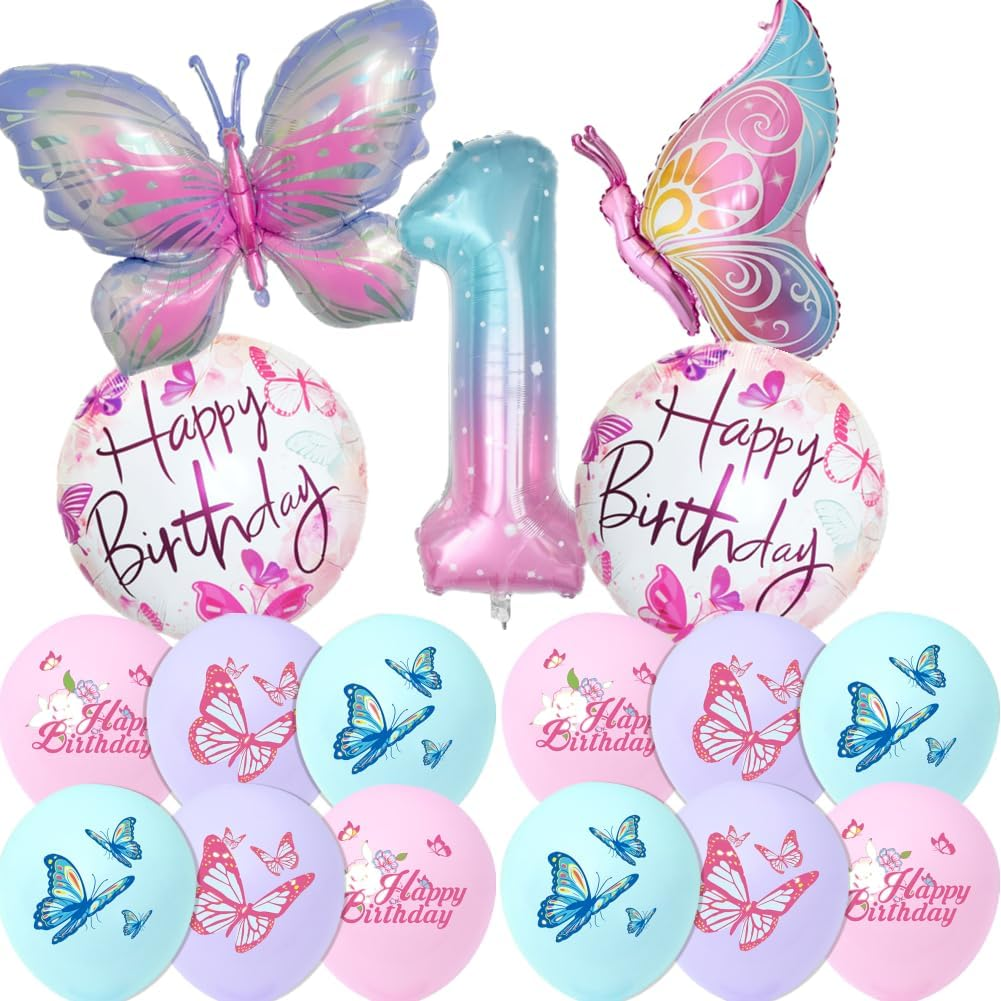 Butterfly Balloon 1St Birthday Decorations, Butterfly Balloons Colorful Gradient Pink Butterfly Foil Mylar Balloon for Fairy 1St Birthday Party Decorations Girl Party Supplies Baby Shower (1)