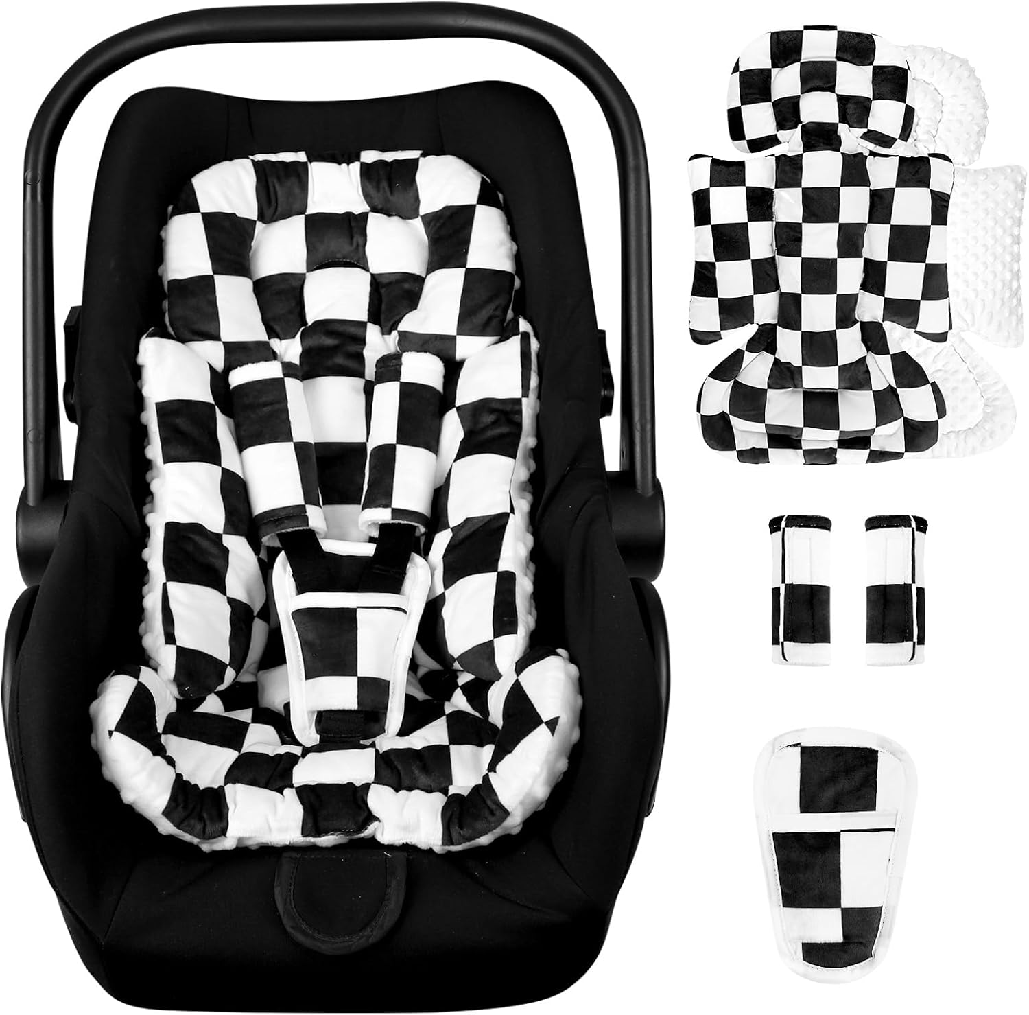 DILIMI Infant Car Seat Insert, Baby Car Seat Head Support with 3 Strap Paddings, Soft Newborn Carseat Cushion Insert for Stroller, Swing, Bouncers, Black Checkered image number 1