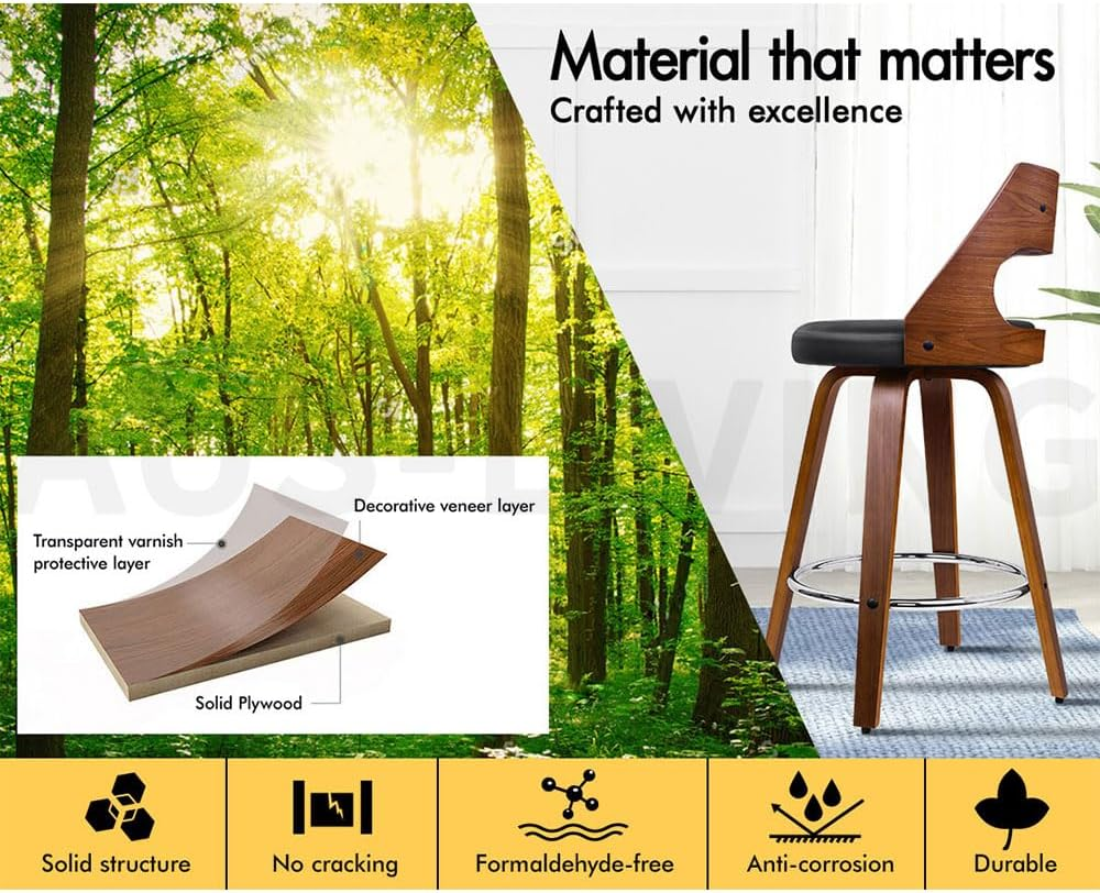 ALFORDSON Bar Stools 4 X Swivel Kitchen Stool 65Cm Seat Height Wooden Counter Stool with Footrest and Adjustable Leg Levelers Leather Leather Dining Chairs for Home Bar Dining Room, Eden Black image number 1