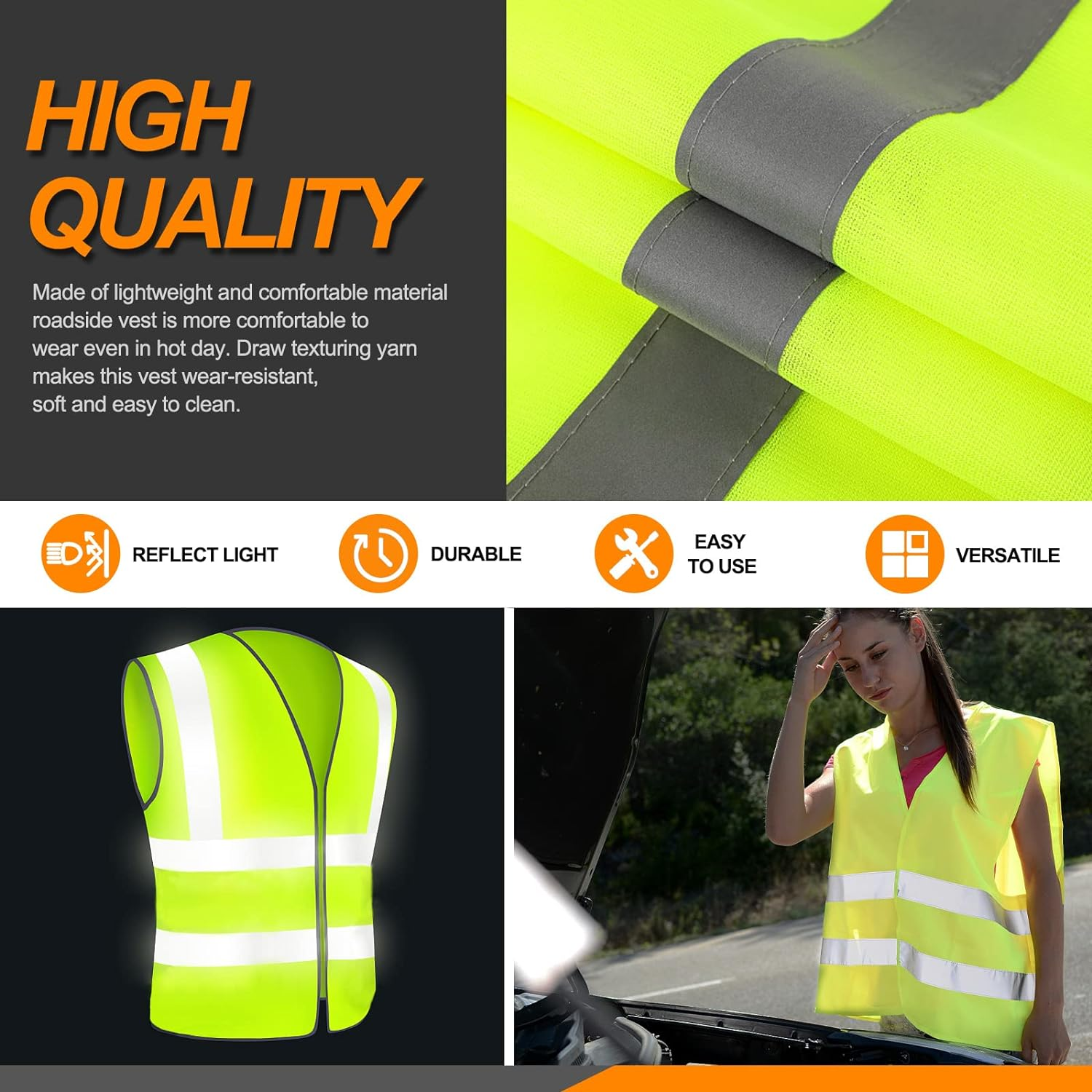 13Pcs Car Emergency Kit Auto Safety Roadside Assistance Tool Kit with Reflective Triangles, Hand Pressing Flashlight, Reflective Vest, Tow Strap, Car Safety Hammer for Vehicles Car image number 5